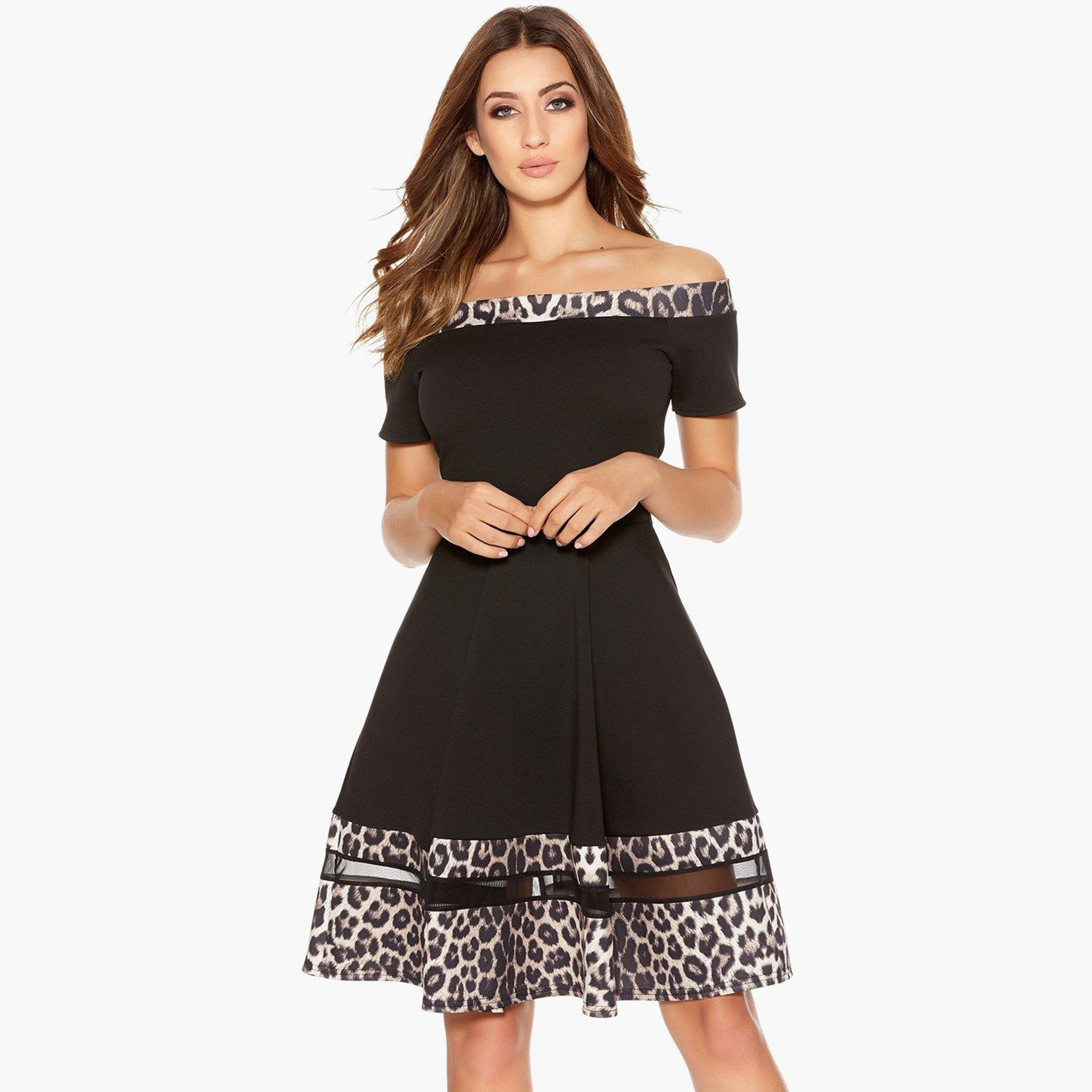 Quiz Women Polyester Animal Print Black Bardot Dress-women-clothing-dresses-image-1