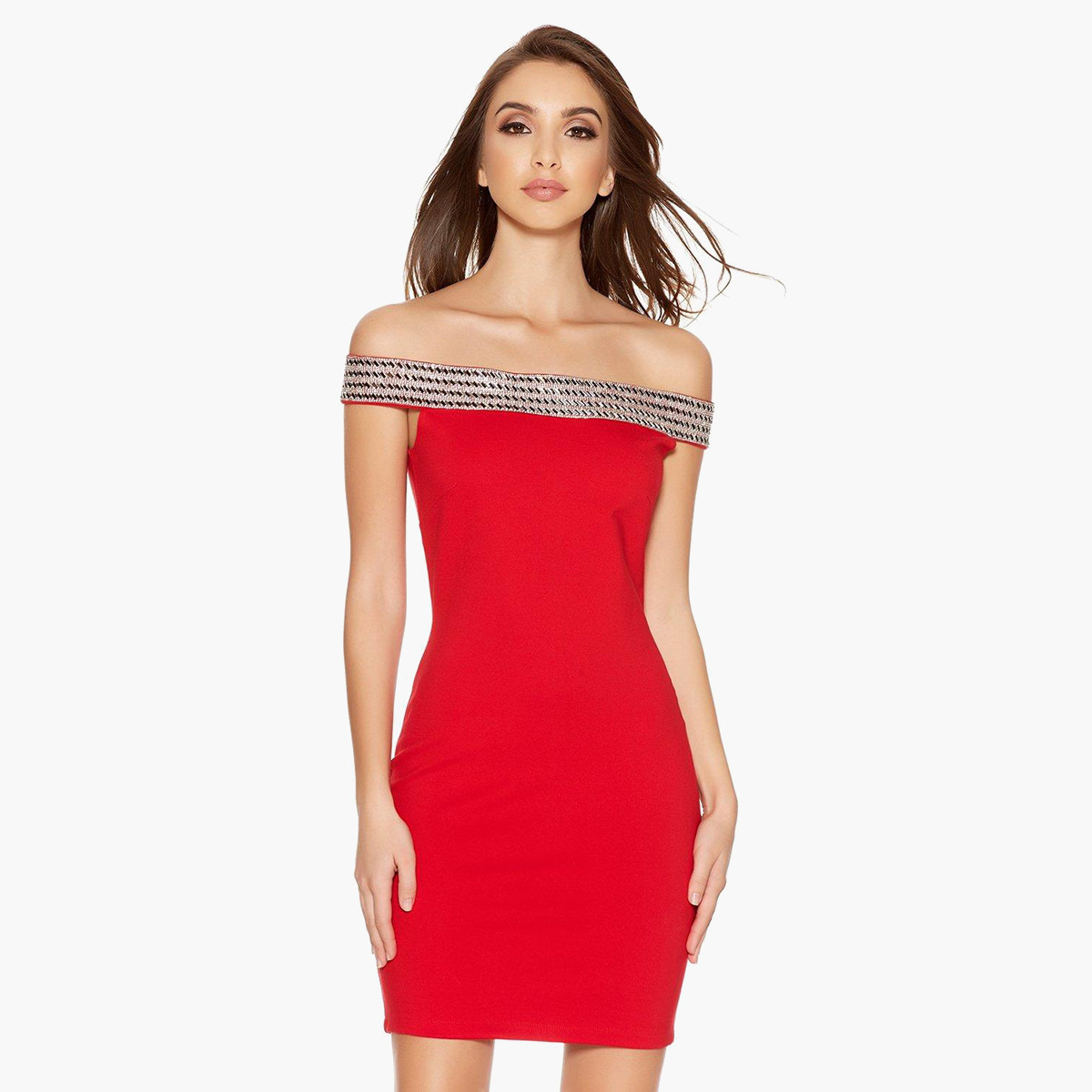 Quiz Women Embellished Back Zipper Bardot Bodycon Dress-women-clothing-dresses-image-1