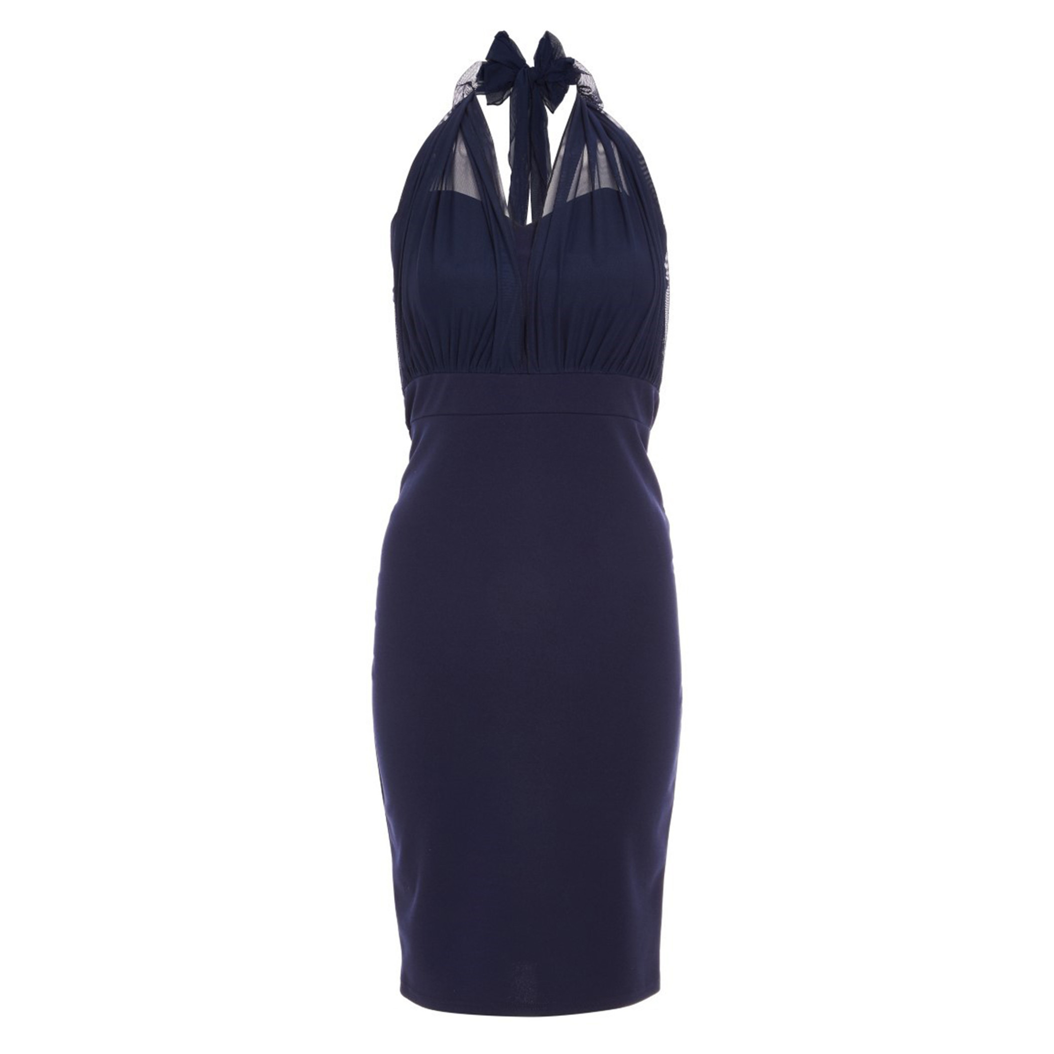 فستان ضيق بياقة رسن سادة للنساء من كويز باللون الأزرق الداكن-women-clothing-dresses-image-4
