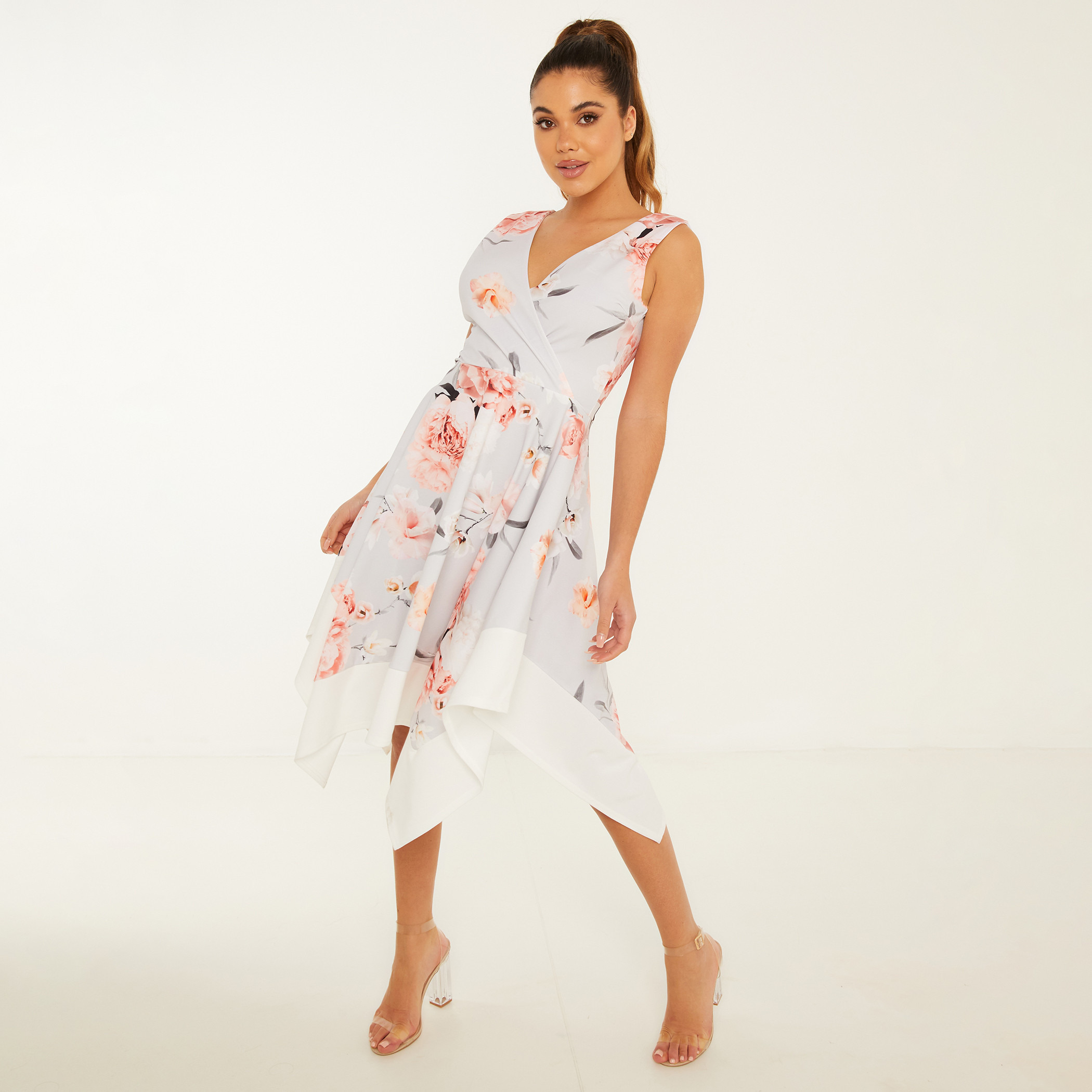 Quiz Women Grey Floral V-Neck Hanky Hem Midi Dress-women-clothing-dresses-image-3