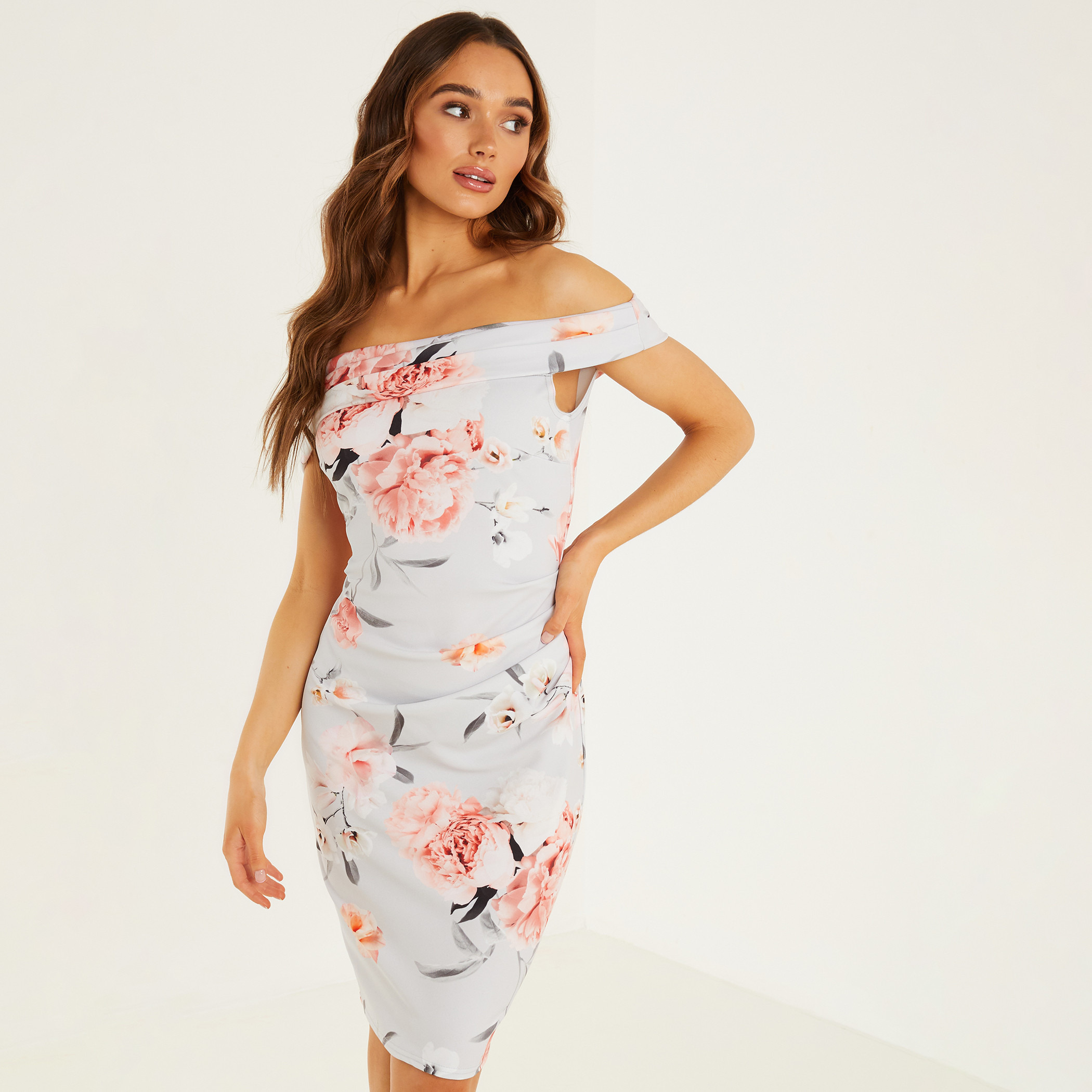 Quiz Women Grey Floral Off Shoulder Bodycon Dress