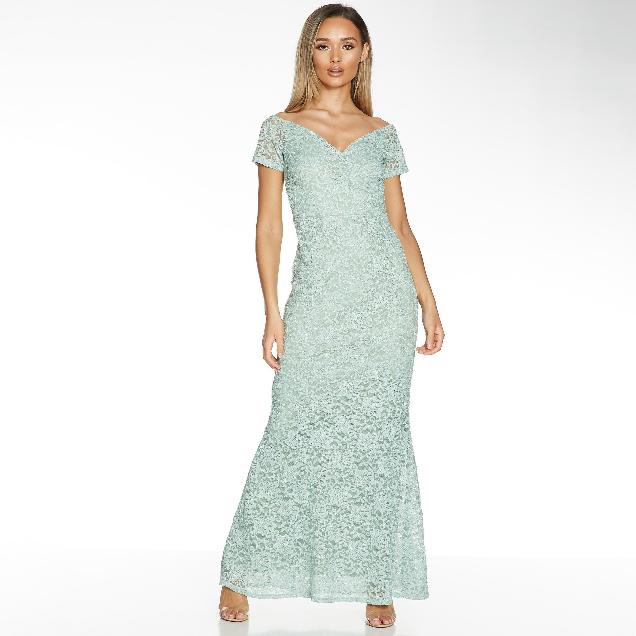 فستان ماكسي دانتيل بأكمام قصيرة بدون أكتاف أخضر للنساء من كويز-women-clothing-dresses-image-1