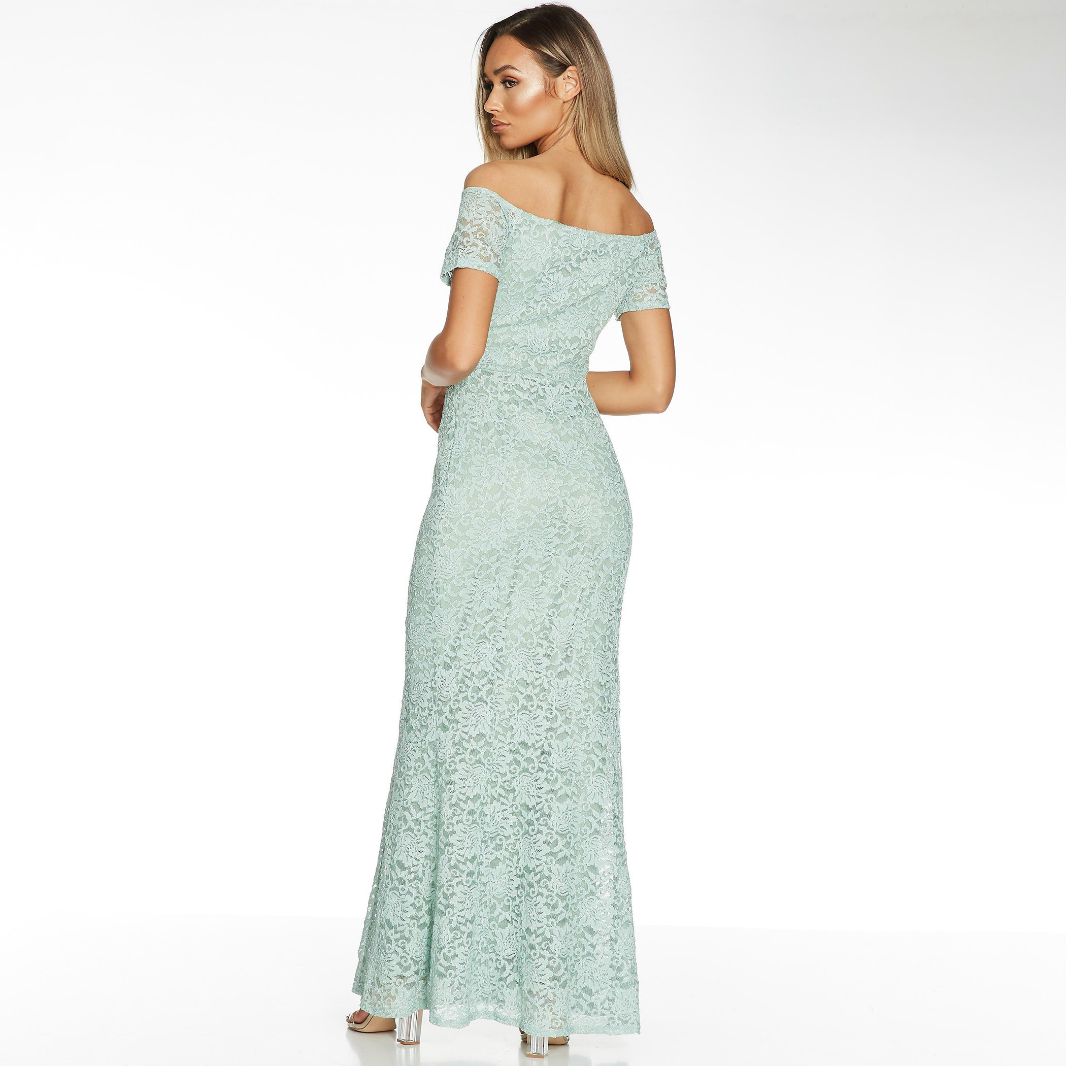 فستان ماكسي دانتيل بأكمام قصيرة بدون أكتاف أخضر للنساء من كويز-women-clothing-dresses-image-2