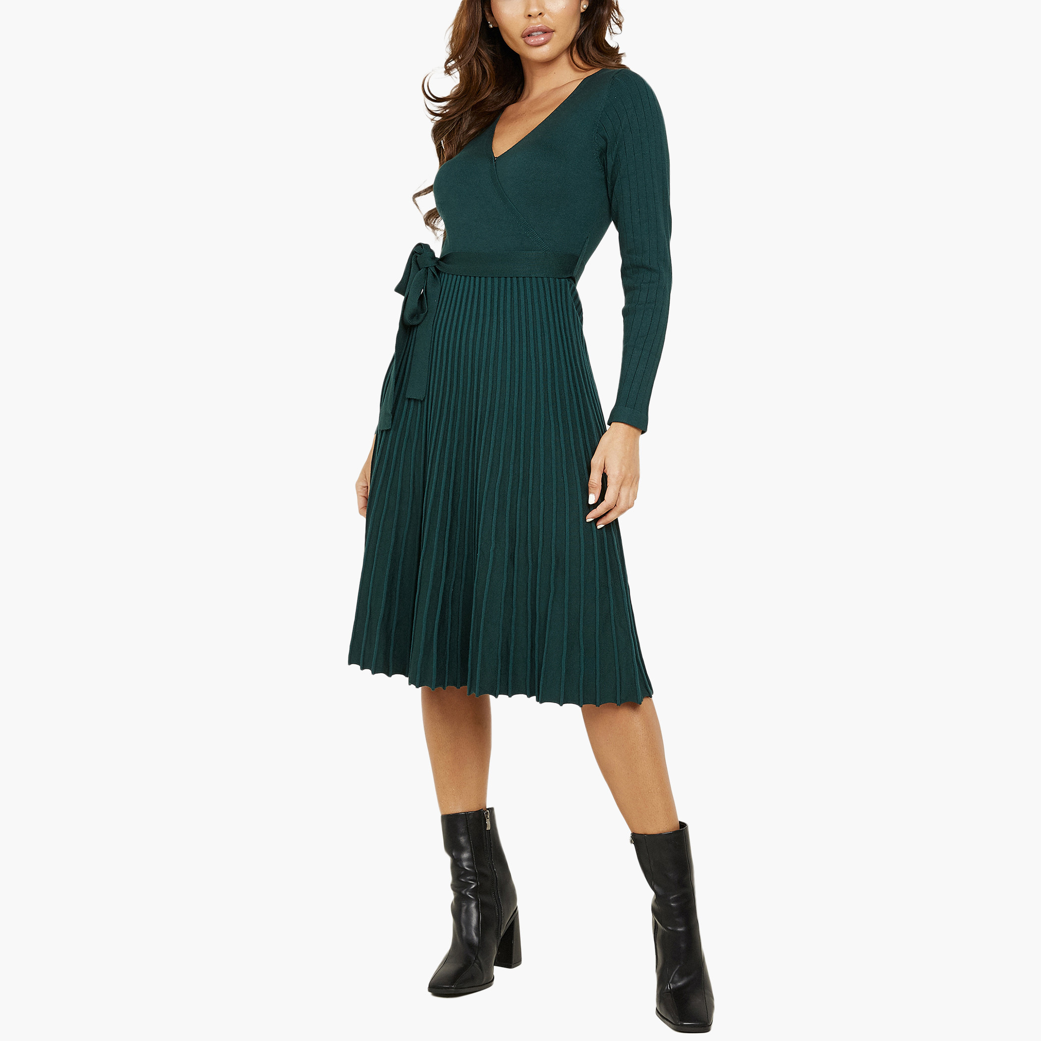 Quiz Women Pleated V-Neck Wrap Dress-women-clothing-dresses-image-1