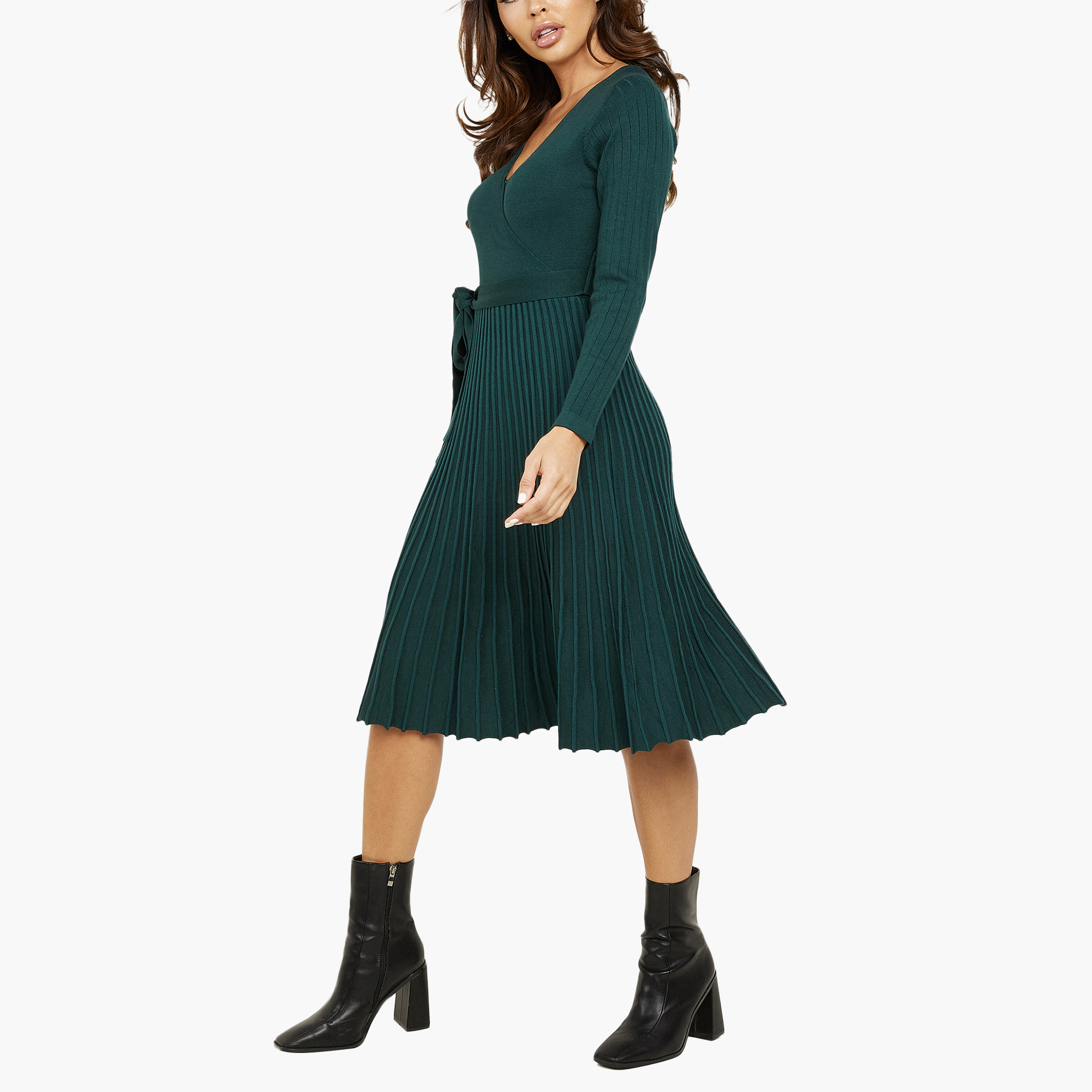 Quiz Women Pleated V-Neck Wrap Dress-women-clothing-dresses-image-3