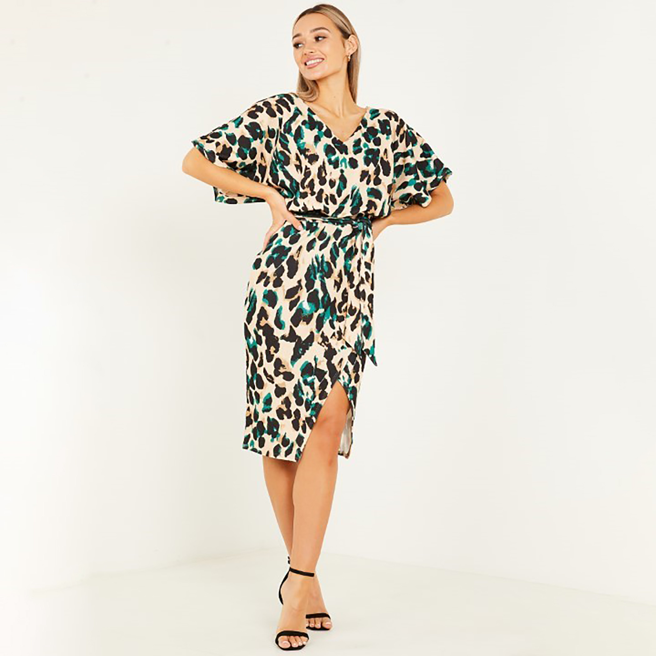 فستان ملفوف ميدي وي-نيك بطباعة الحيوان بمتعدد الالوان للنساء من كويز-women-clothing-dresses-image-4