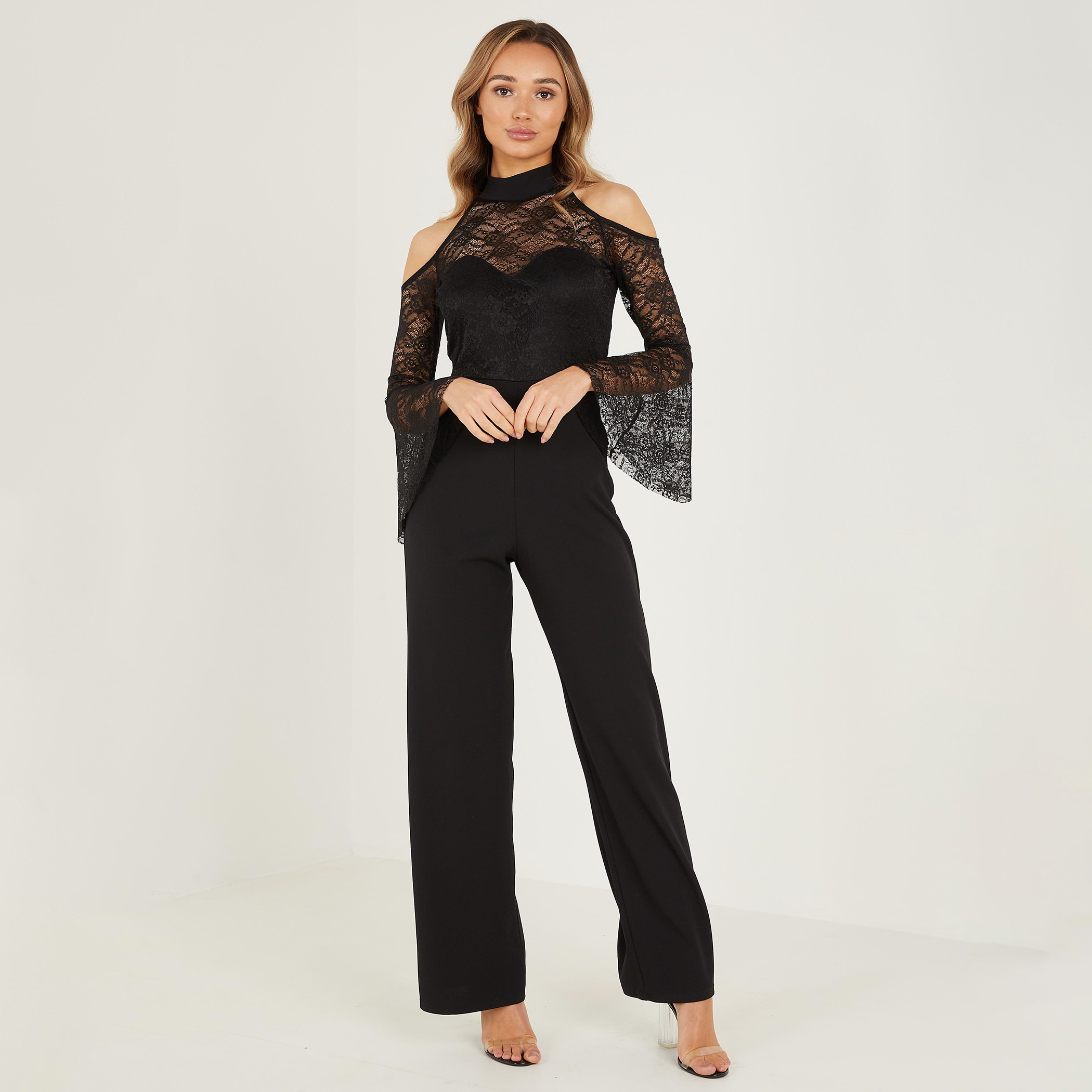 بذلة الكتف الباردة دانتيل سوداء هاي نيك للنساء من كويز-women-clothing-dresses-image-1