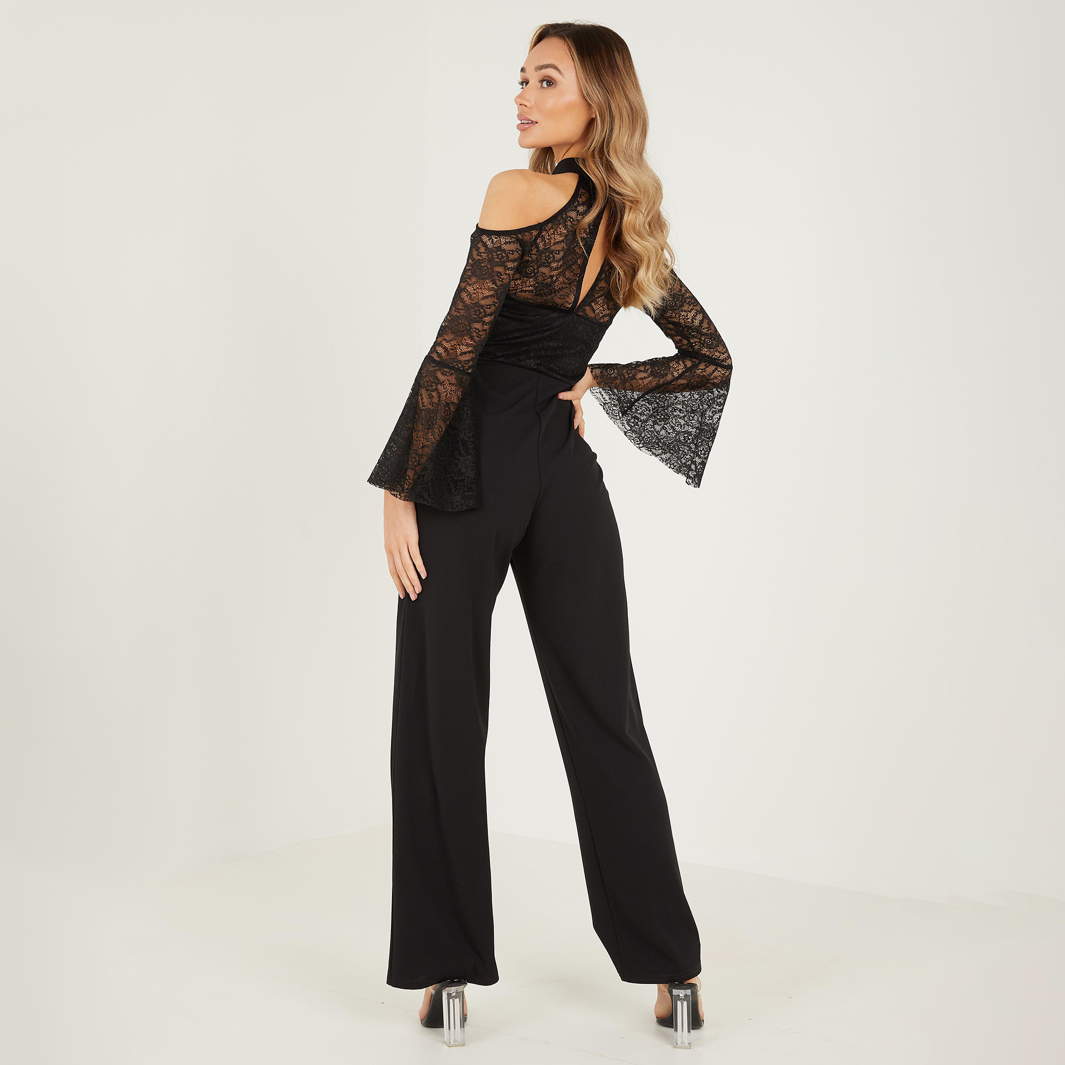 بذلة الكتف الباردة دانتيل سوداء هاي نيك للنساء من كويز-women-clothing-dresses-image-2