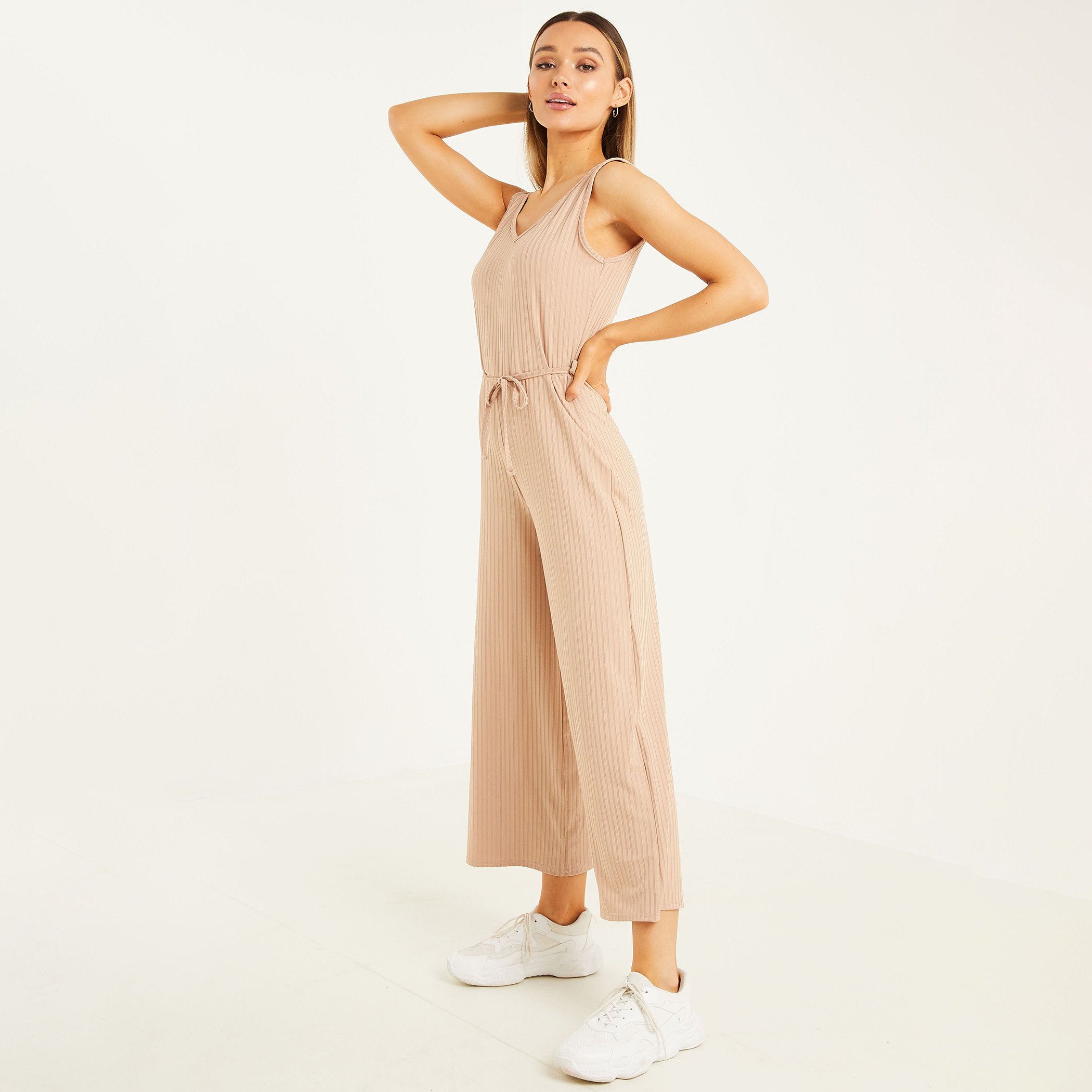 Quiz Women Beige Ribbed V-Neck Sleeveless Tie Belt Jumpsuit-women-clothing-jumpsuits-image-3