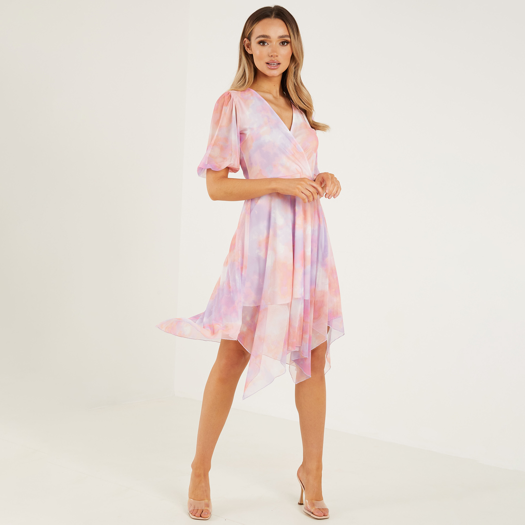 Quiz Women Multicolour Tie & Dye Hanky Hem V-Neck Wrap Dress-women-clothing-dresses-image-1