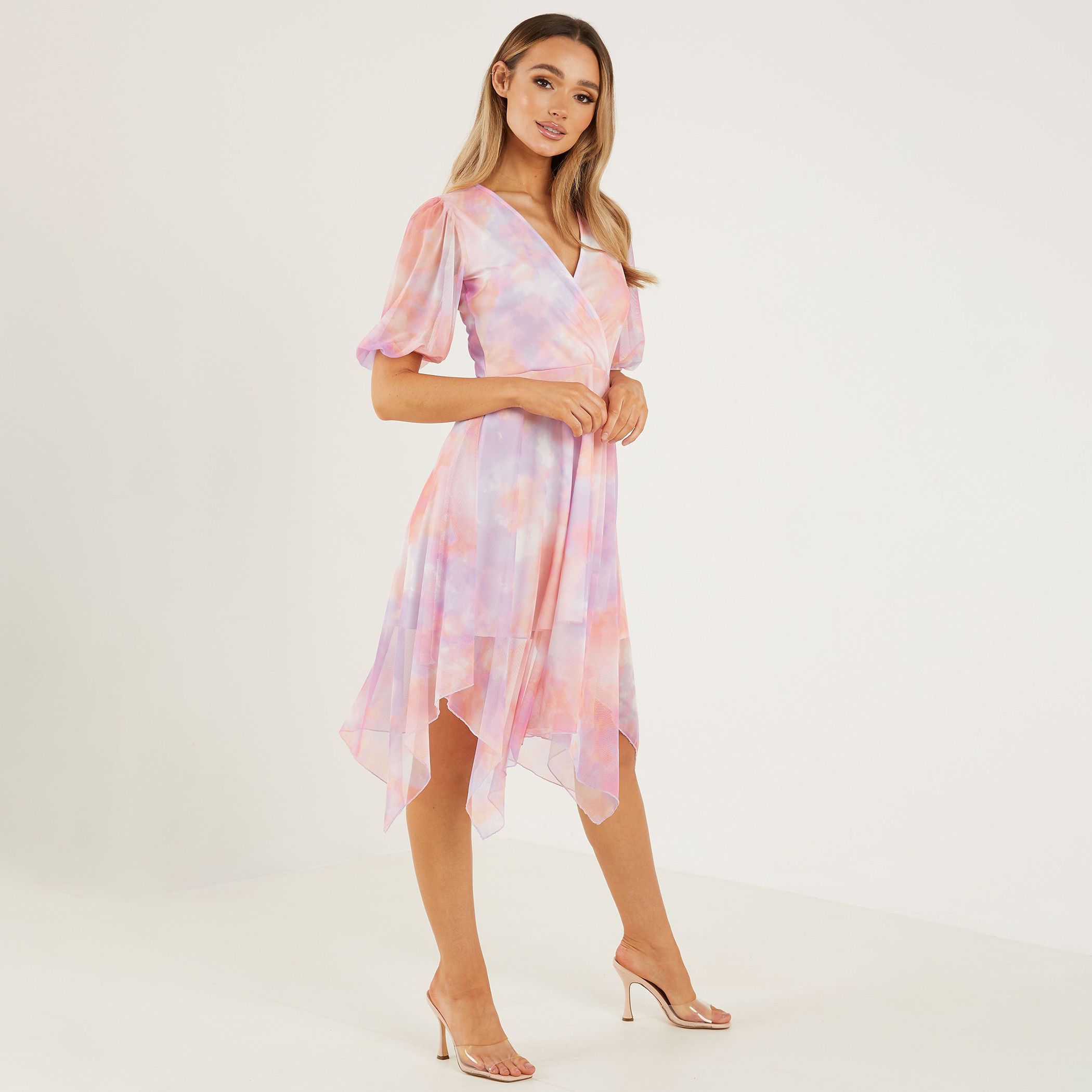 Quiz Women Multicolour Tie & Dye Hanky Hem V-Neck Wrap Dress-women-clothing-dresses-image-3