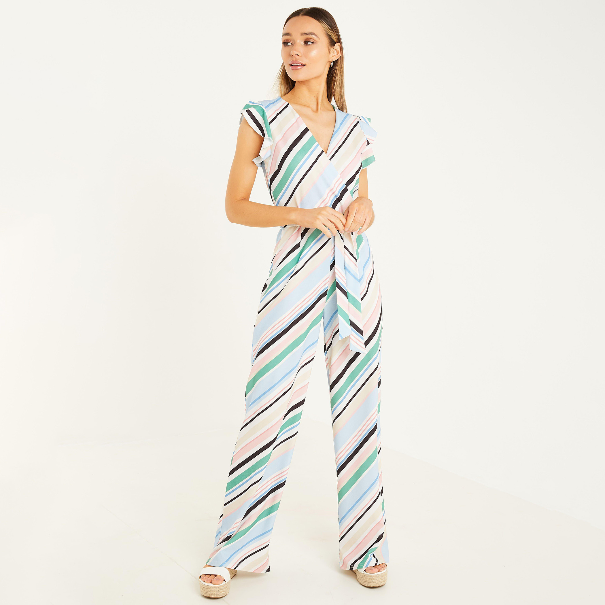بذلة نسائي ملفوف بأكمام مكتشفة وحزام مخطط متعدد الألوان من كويز-women-clothing-dresses-image-1