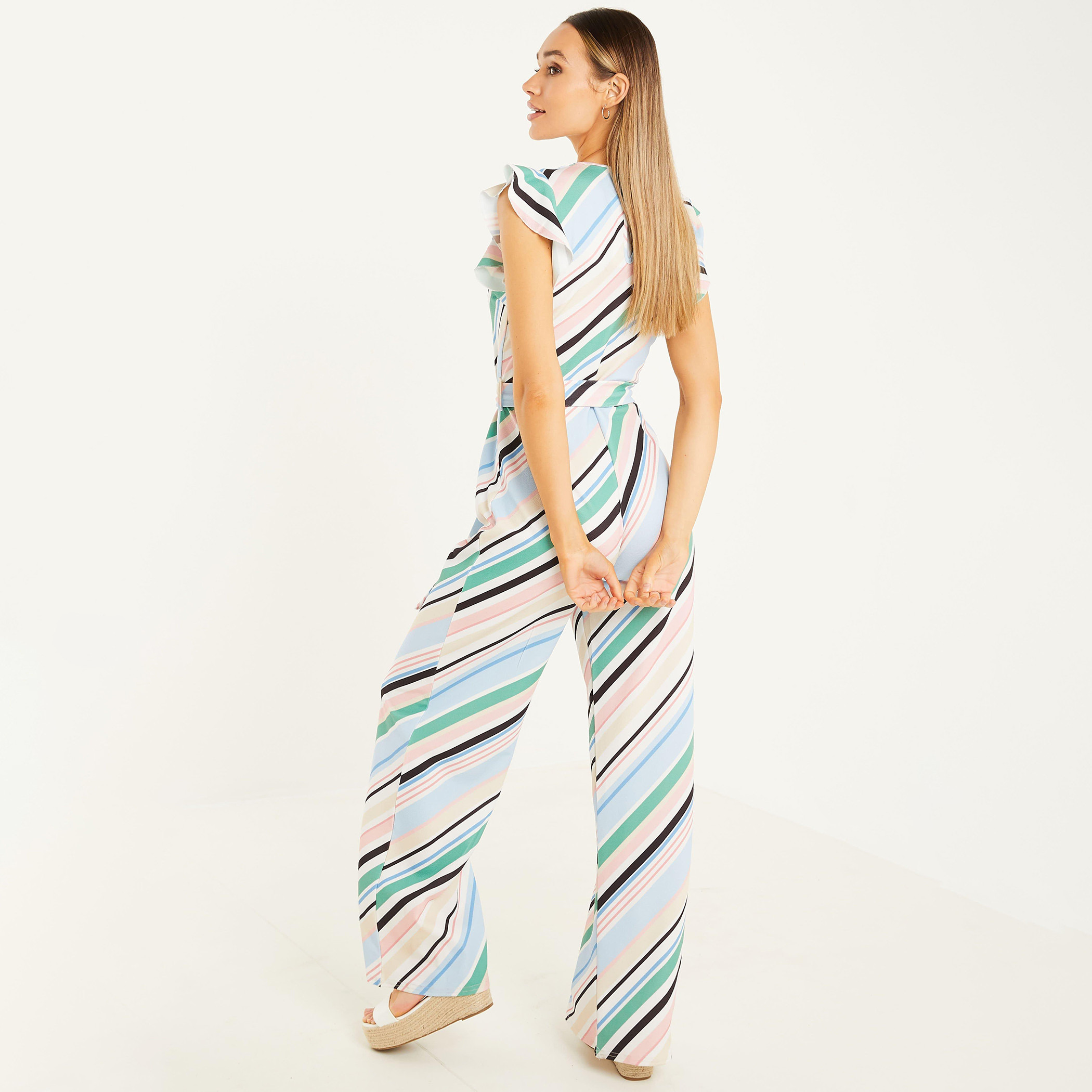 Quiz Women Multicolour Striped Tie Belt Ruffled Sleeves Wrap Jumpsuit-women-clothing-dresses-image-2