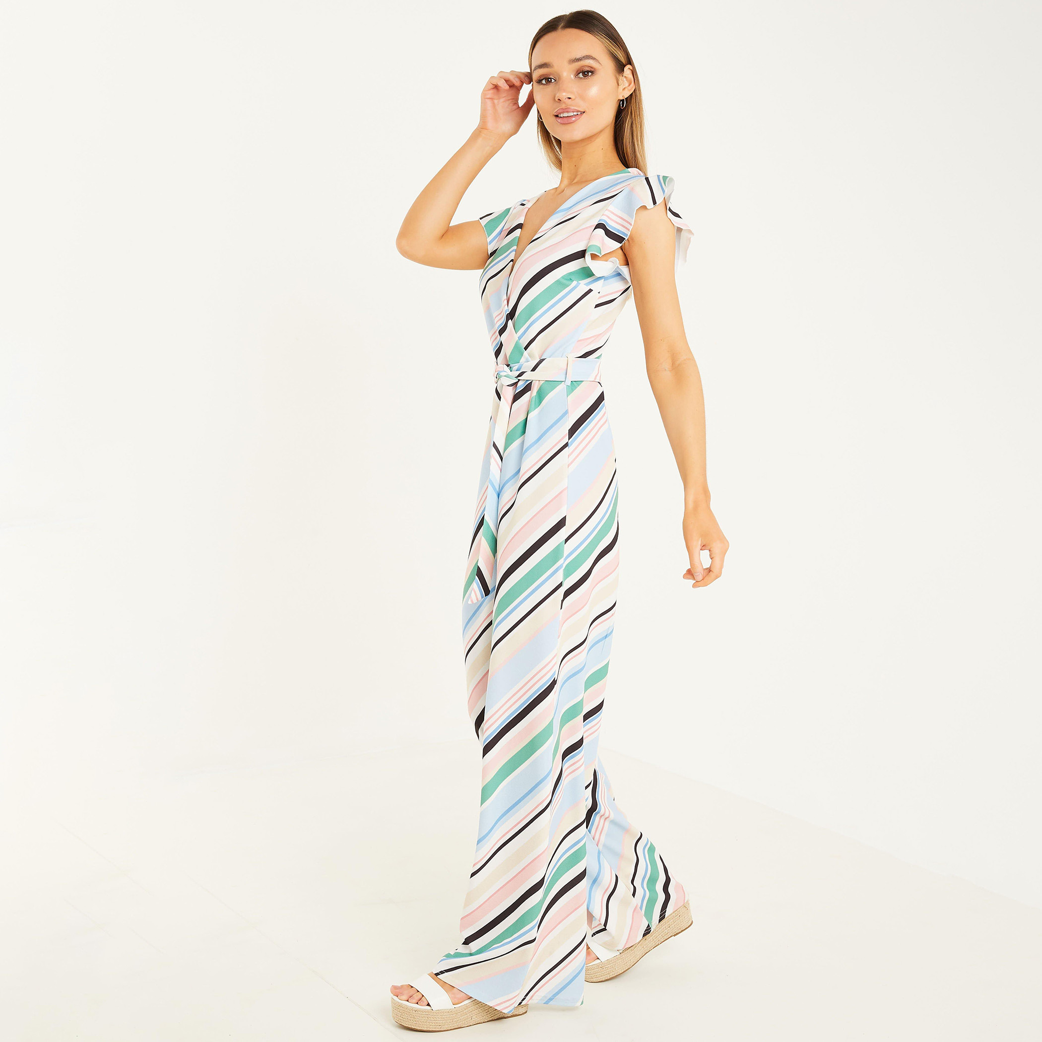 بذلة نسائي ملفوف بأكمام مكتشفة وحزام مخطط متعدد الألوان من كويز-women-clothing-dresses-image-3