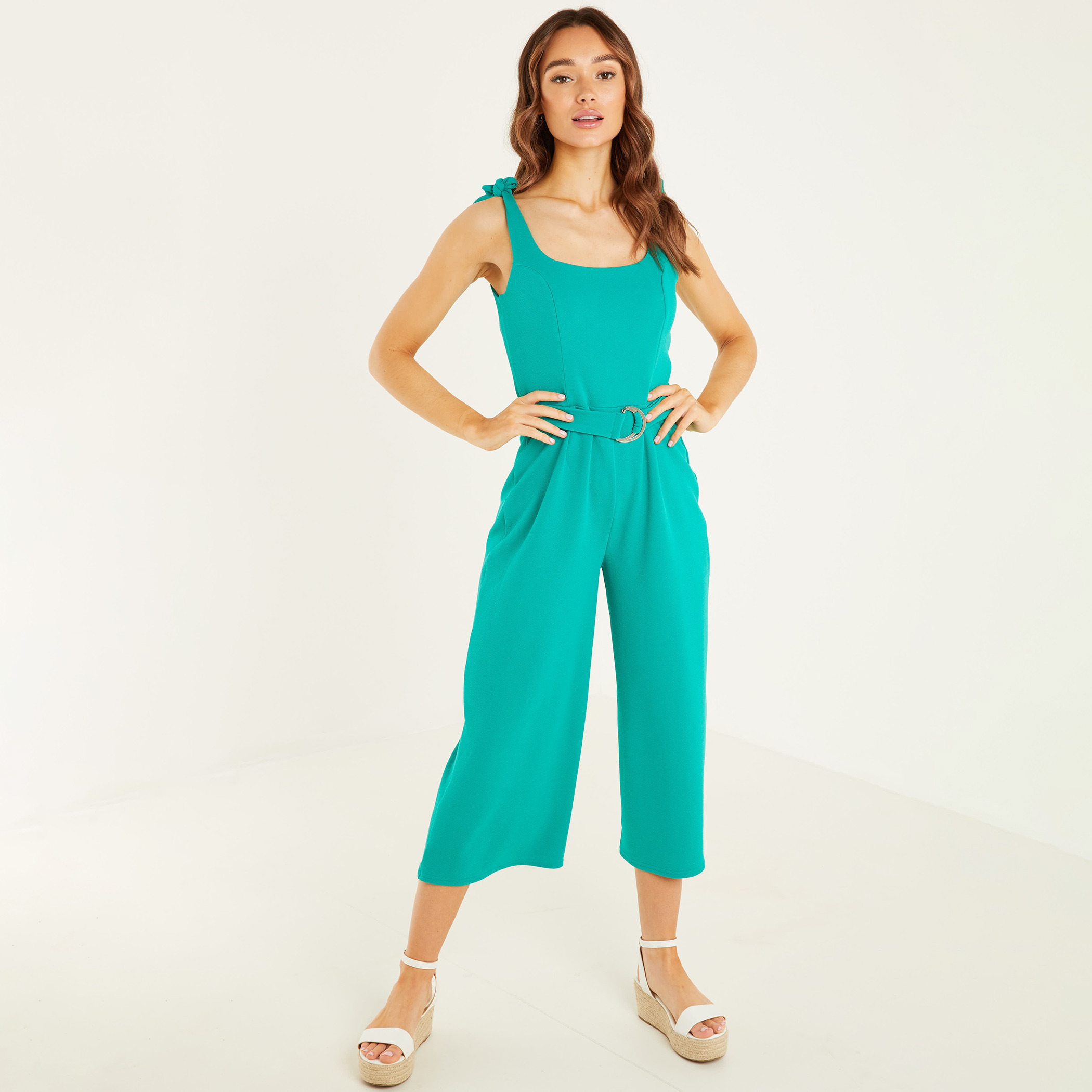 Quiz Women Green Solid Tie Strap Belted Culotte Jumpsuit-women-clothing-jumpsuits-image-1