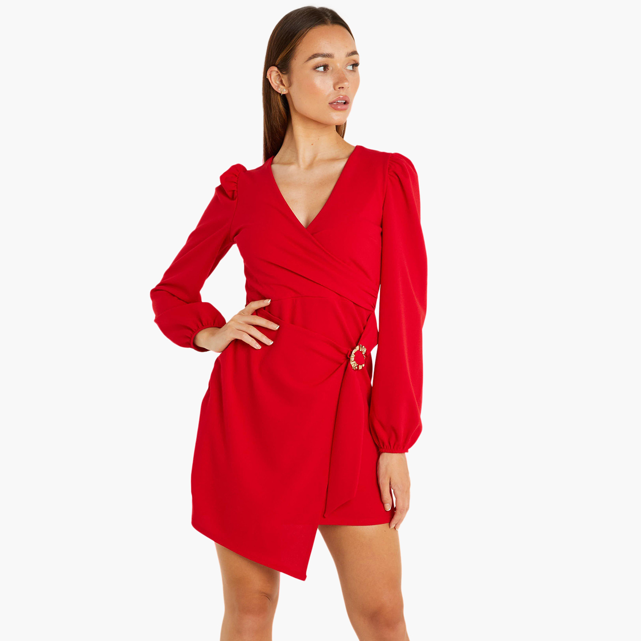 Quiz Women Solid V-Neck Buckle Wrap Dress-women-clothing-dresses-image-1