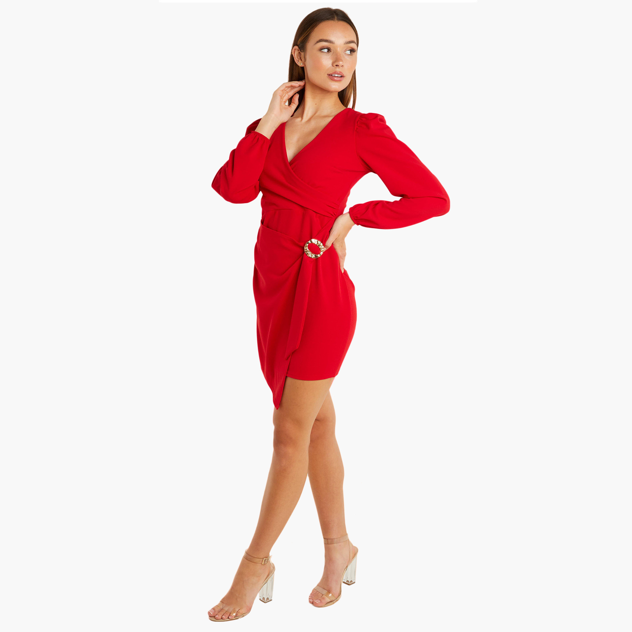 Quiz Women Solid V-Neck Buckle Wrap Dress-women-clothing-dresses-image-3