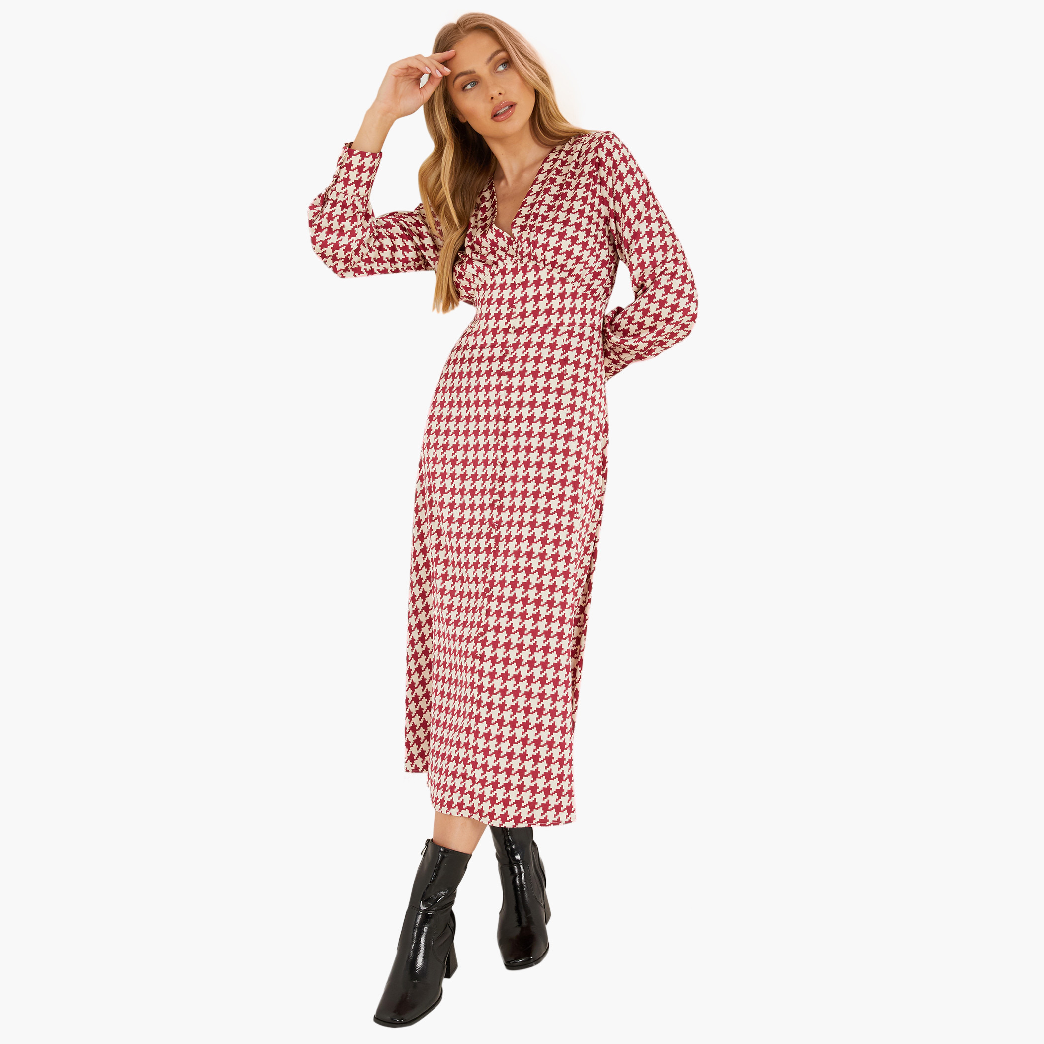 Quiz Women Dogtooth V-Neck Midi Dress-women-clothing-dresses-image-1
