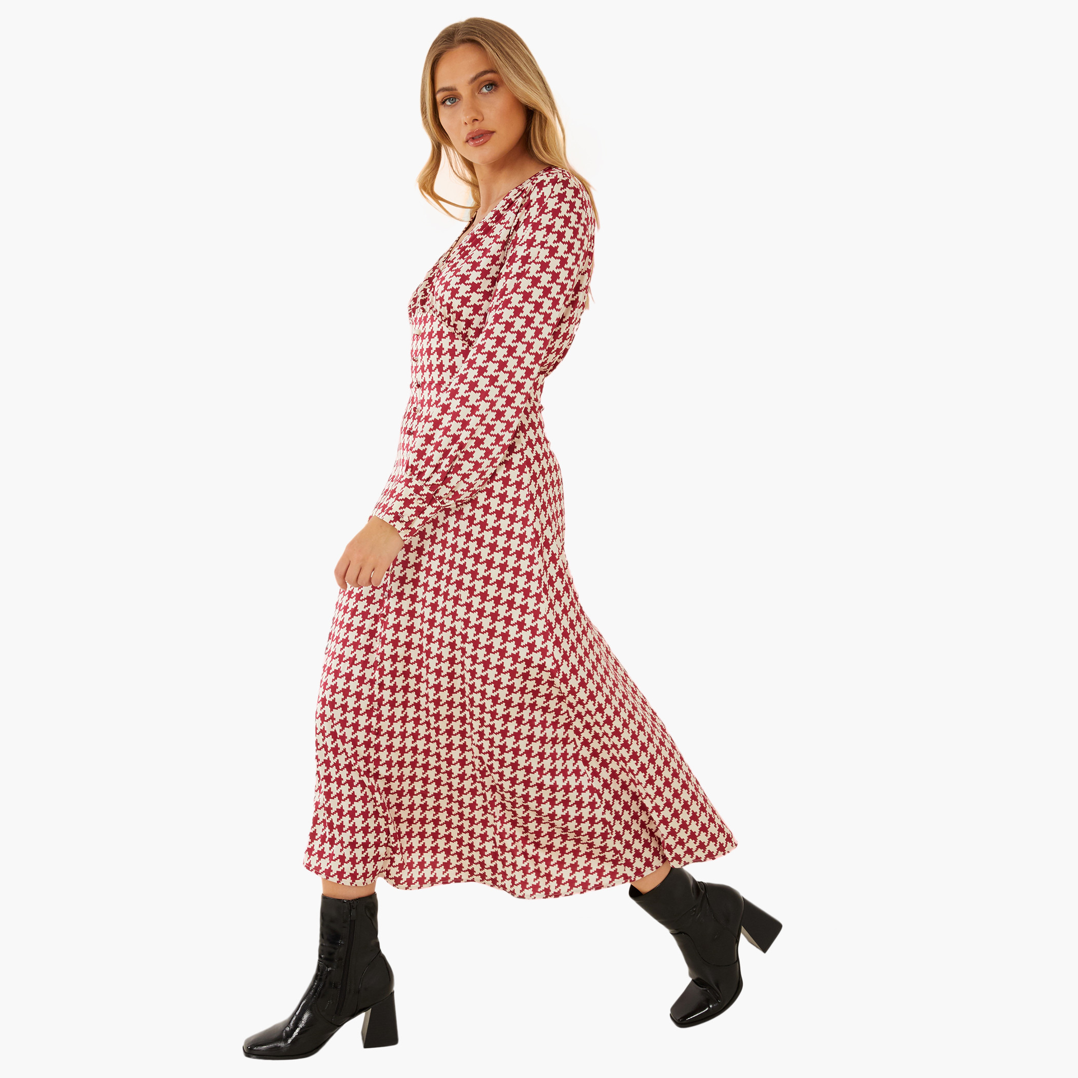 Quiz Women Dogtooth V-Neck Midi Dress-women-clothing-dresses-image-3