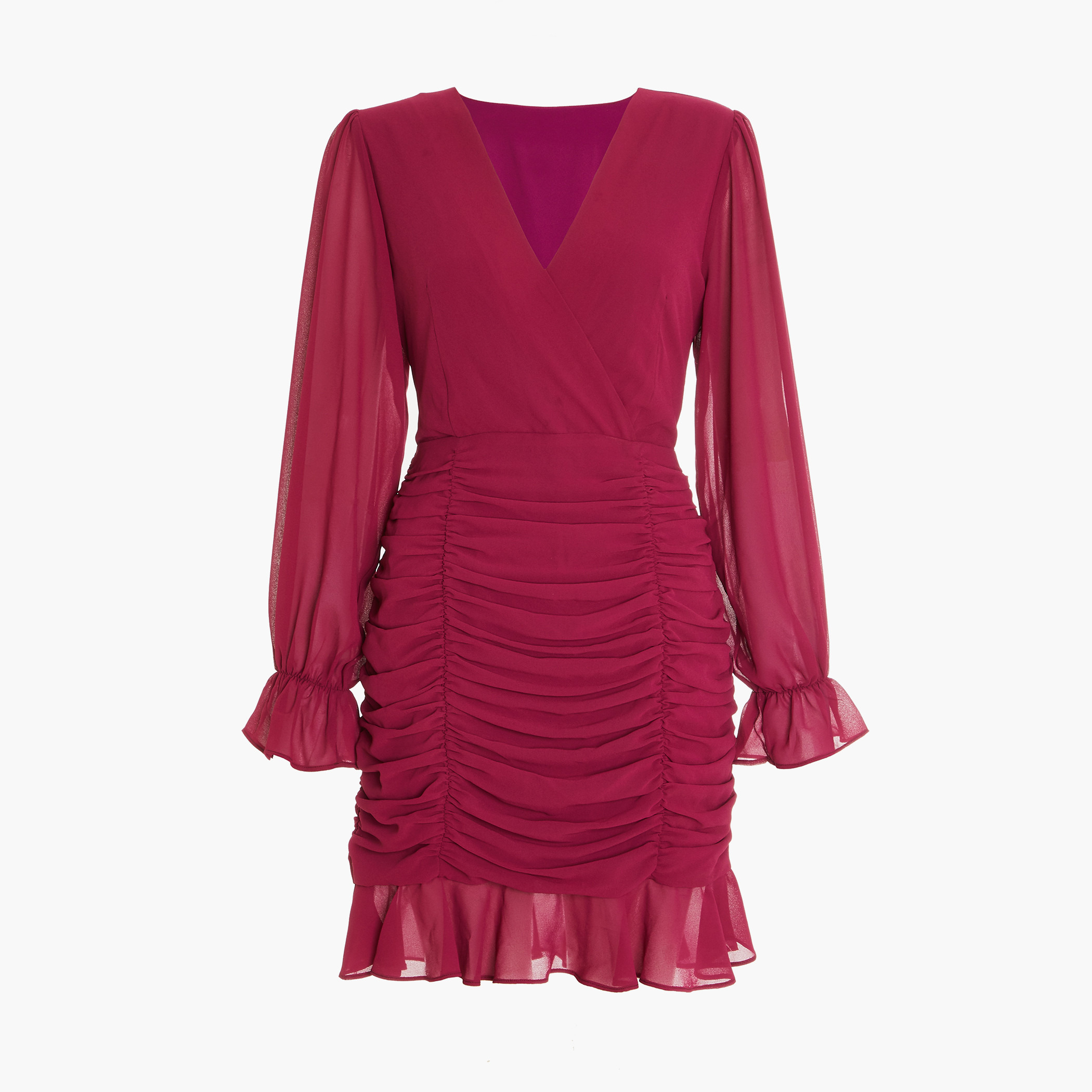 Quiz Women Magenta Ruched V-Neck Mini Dress-women-clothing-dresses-image-4
