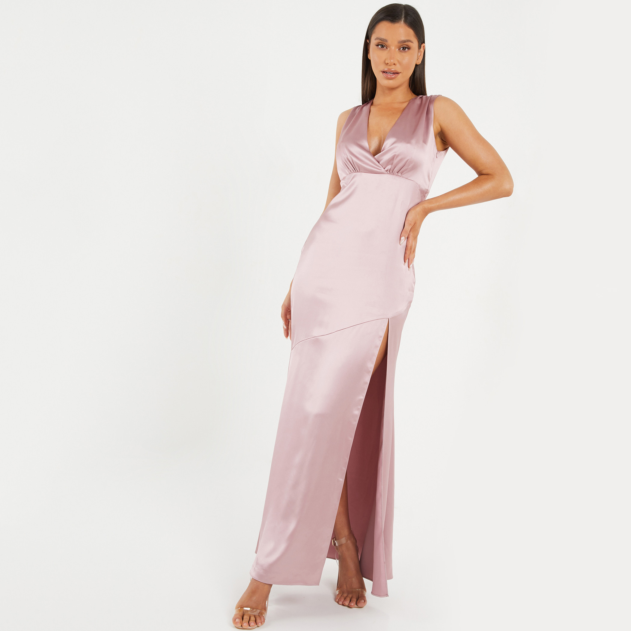 Quiz Satin Women Pink Solid Plunge Neck Side Slit Maxi Dress-women-clothing-dresses-image-1