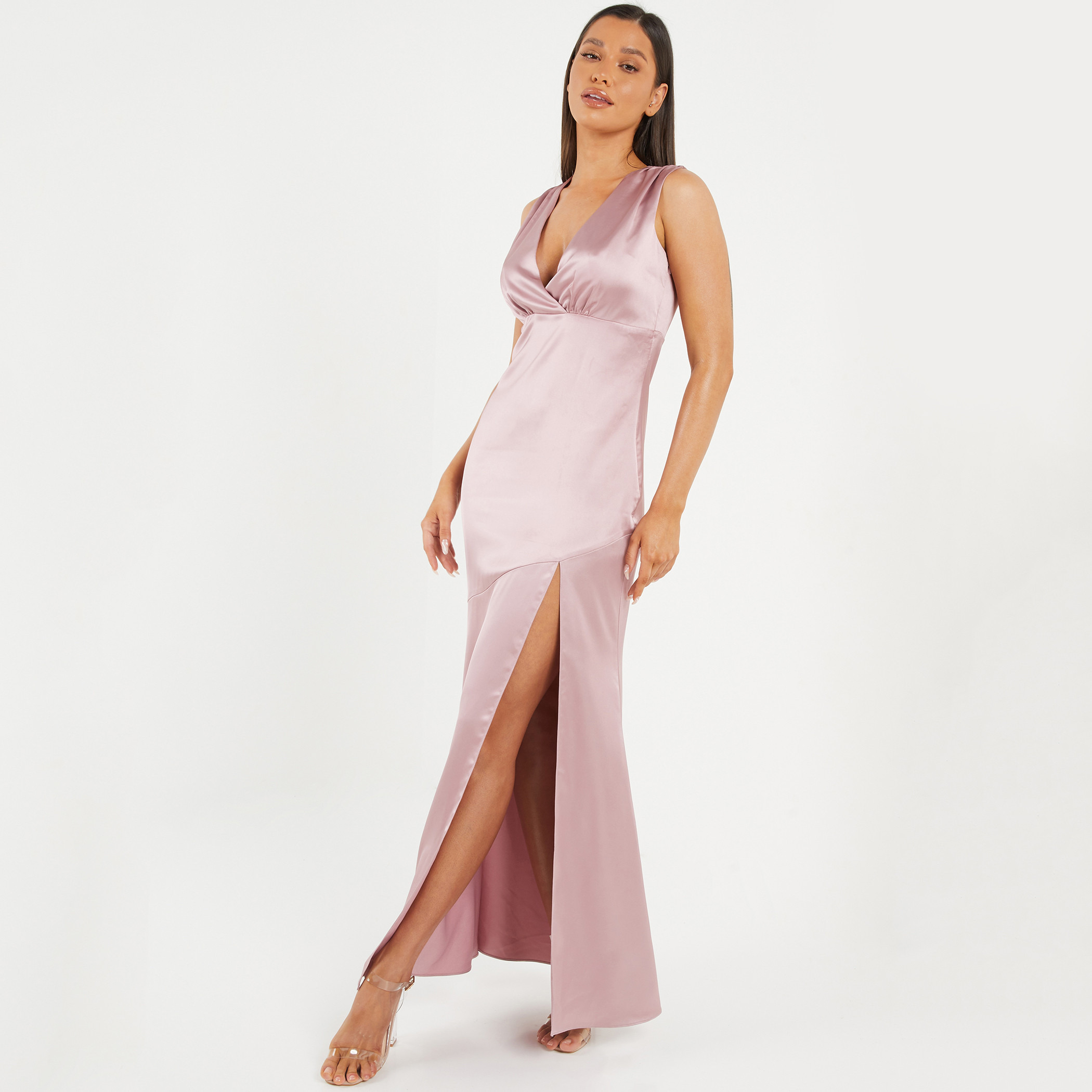 Quiz Satin Women Pink Solid Plunge Neck Side Slit Maxi Dress-women-clothing-dresses-image-2