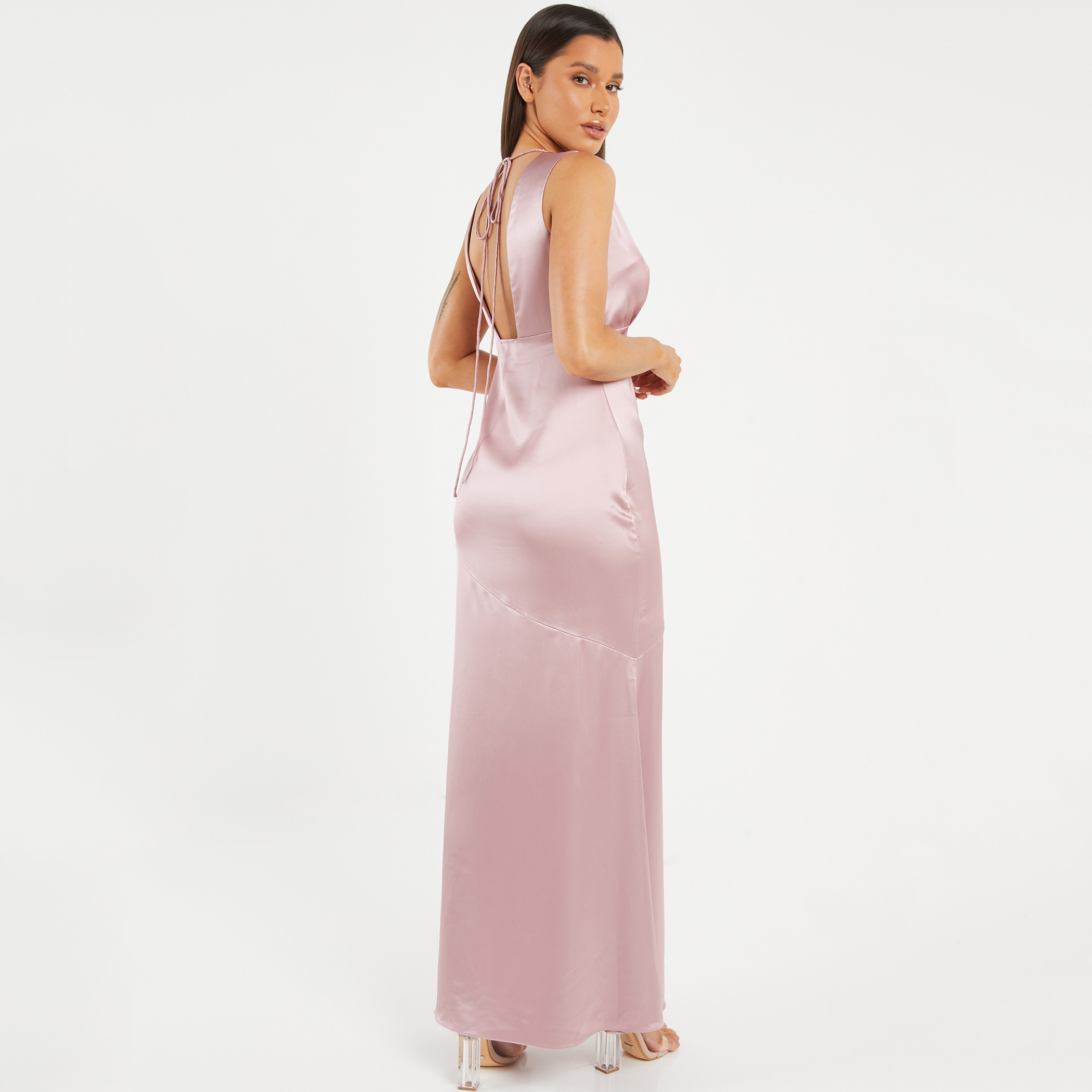 Quiz Satin Women Pink Solid Plunge Neck Side Slit Maxi Dress-women-clothing-dresses-image-3