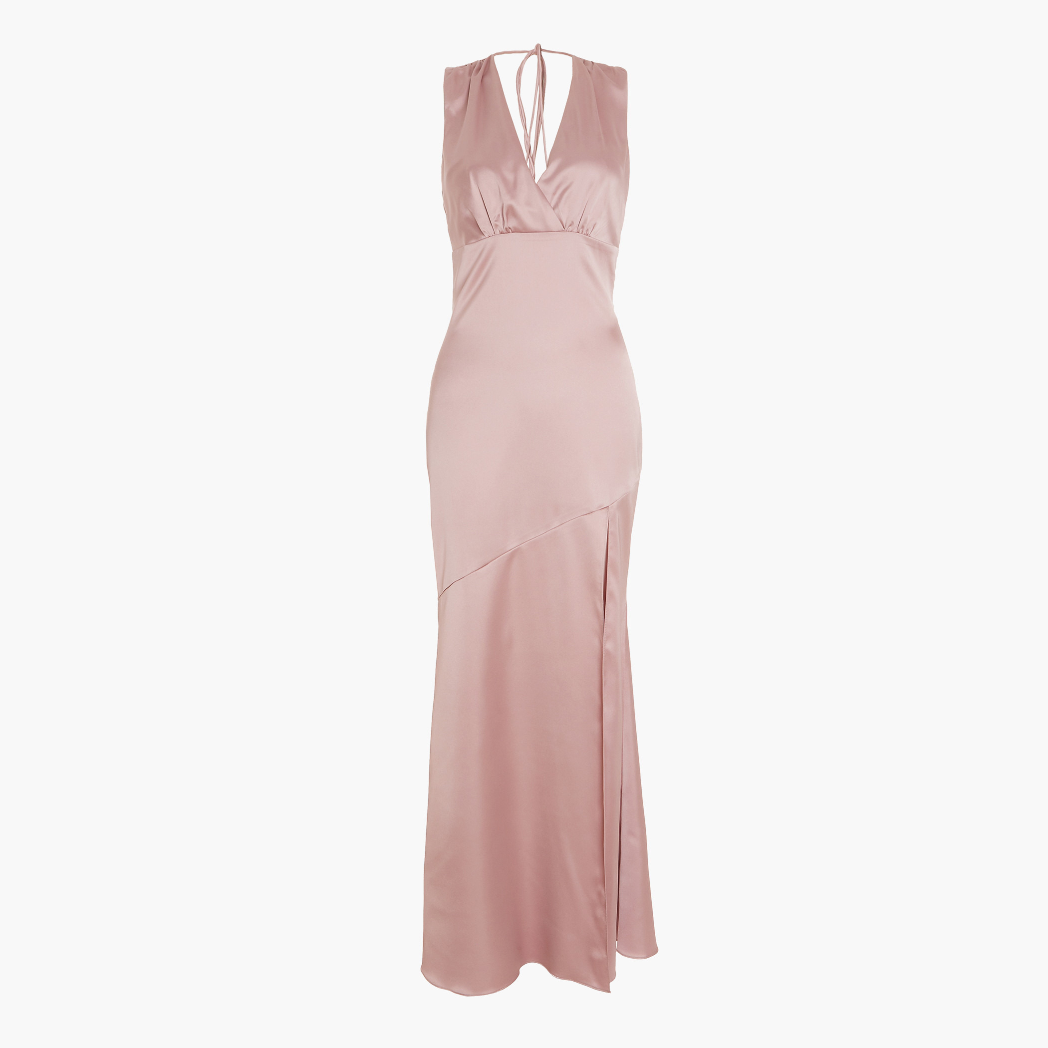 فستان ماكسي نسائي وردي سادة بفتحة جانبية مع رقبة واسعة من كويز ساتان-women-clothing-dresses-image-4