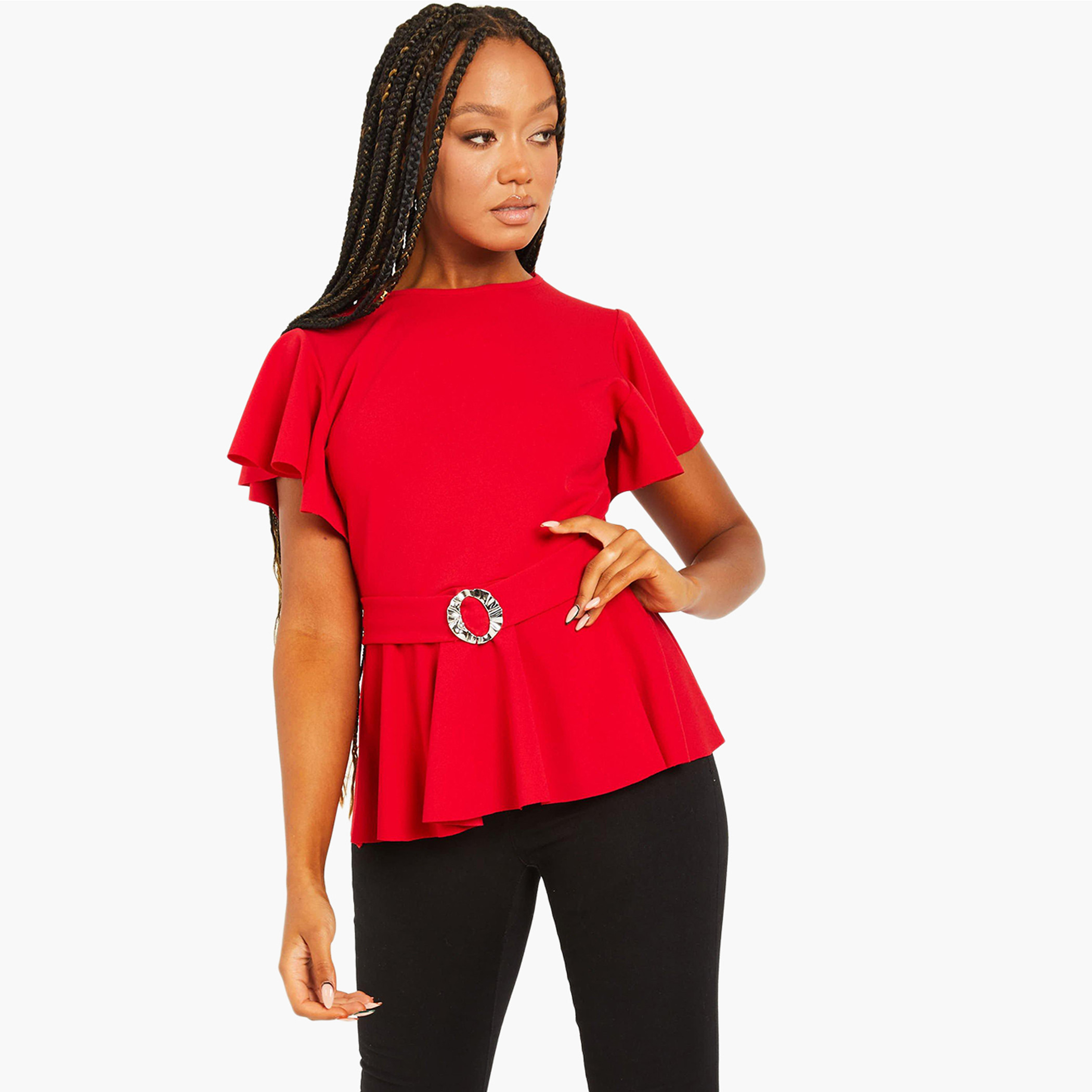 Quiz Women Solid Buckle Detail Peplum Top-women-clothing-shirtsandblouses-blouses-image-1