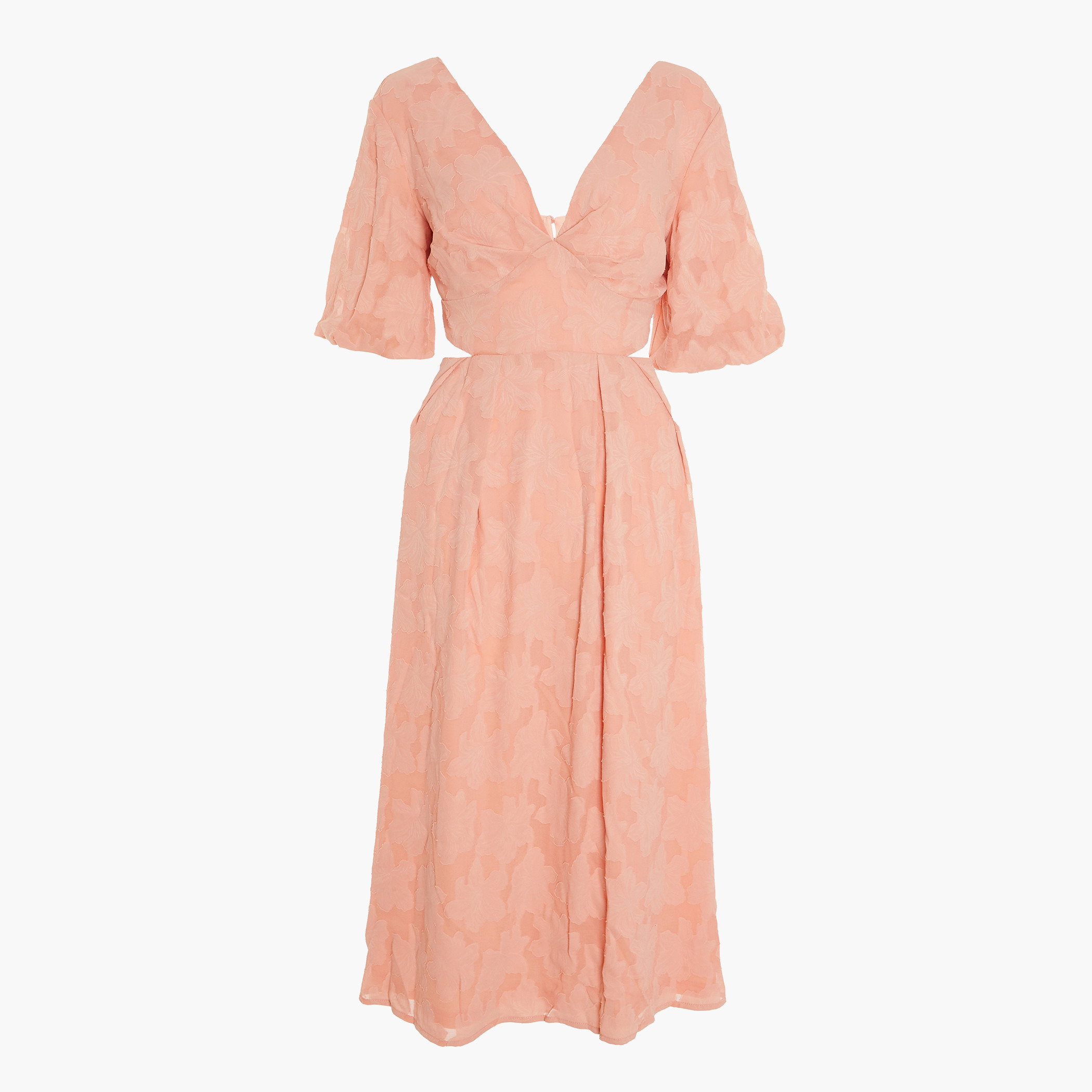 فستان متوسط ​​الطول برقبة على شكل وي وأكمام منفوخة مزين بالدراق للنساء من كويز-women-clothing-dresses-image-2