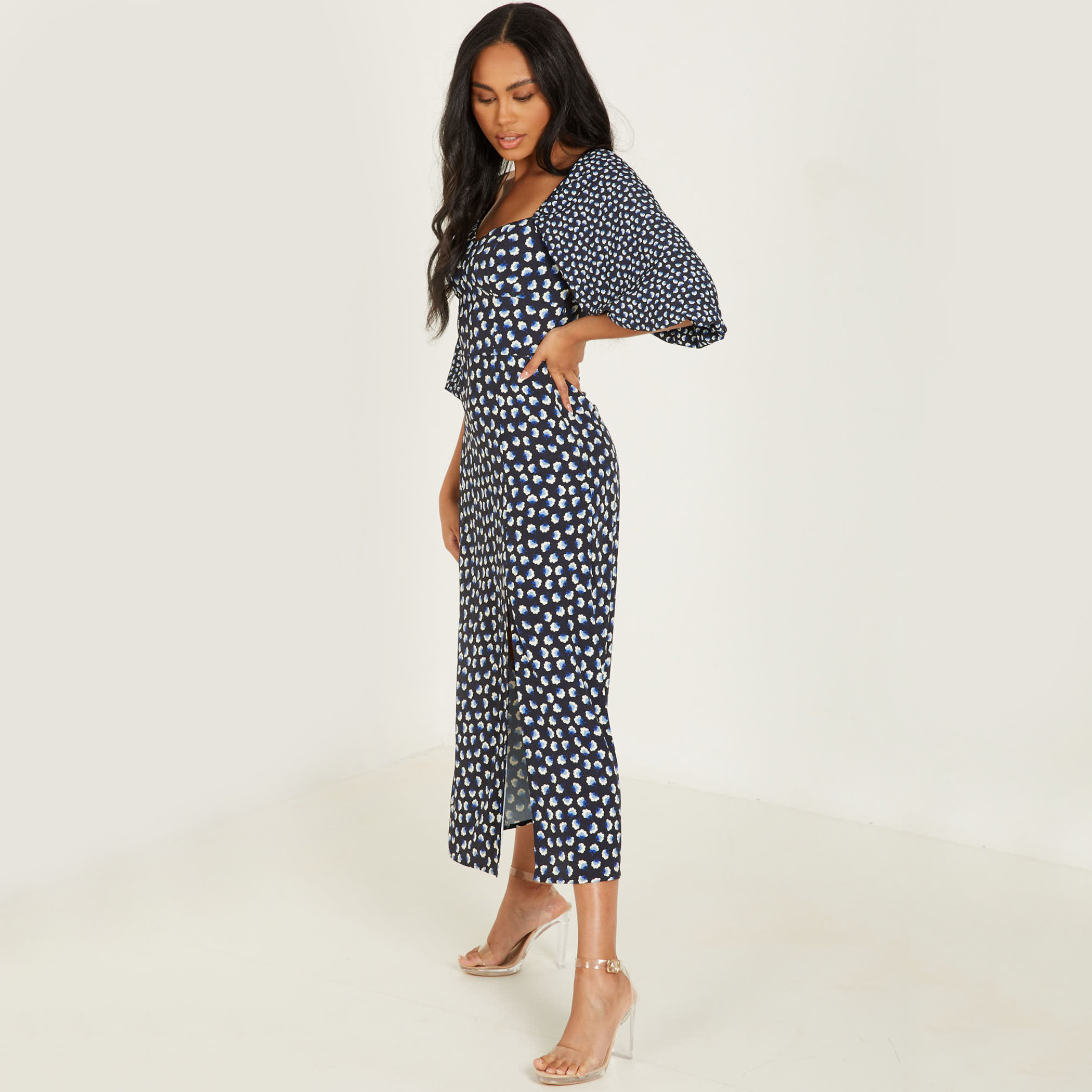 Quiz Women Printed Puff Sleeve Split Front Midi Dress-women-clothing-dresses-image-3