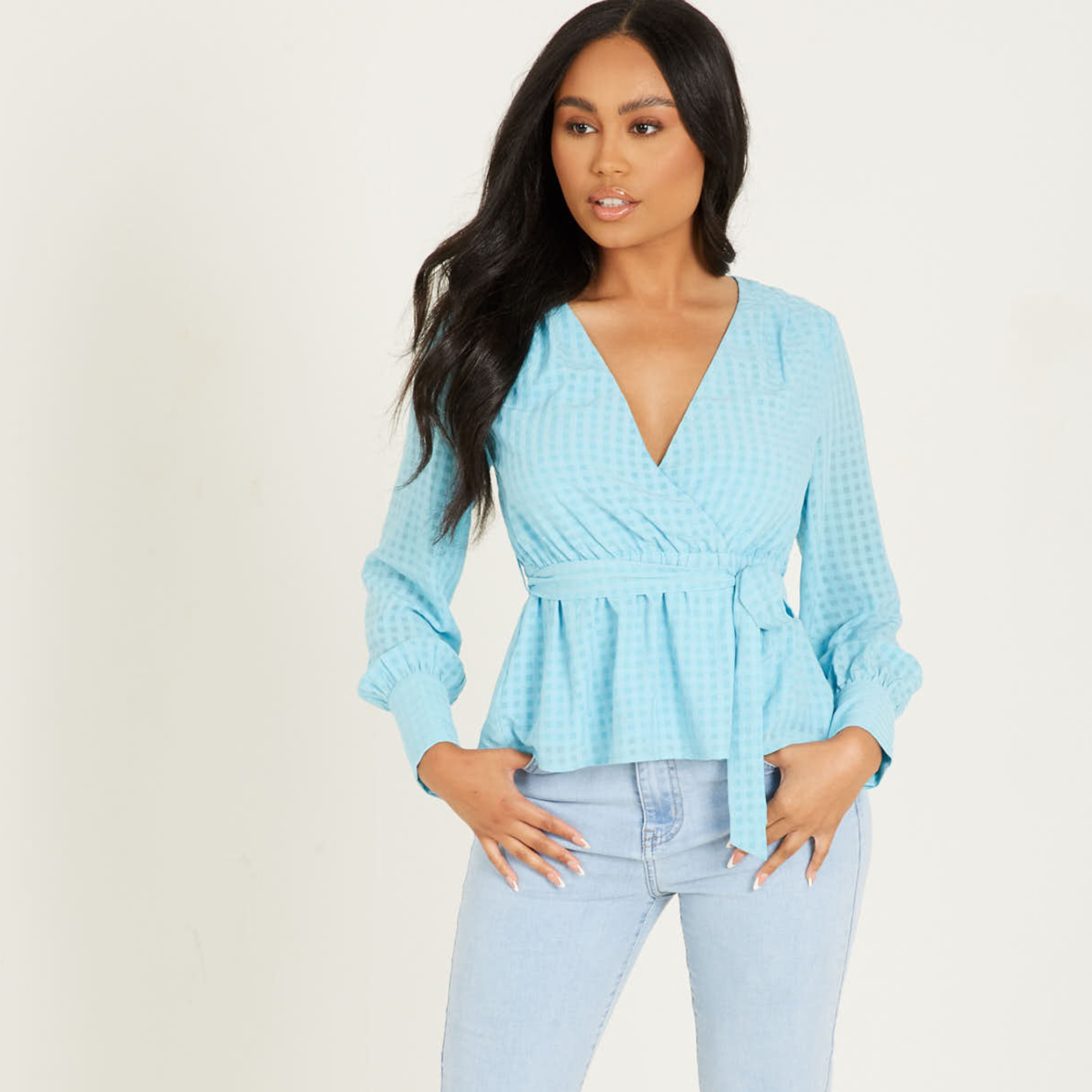 Quiz Women Checked V-Neck Tie Front Wrap Top-women-clothing-shirtsandblouses-blouses-image-1