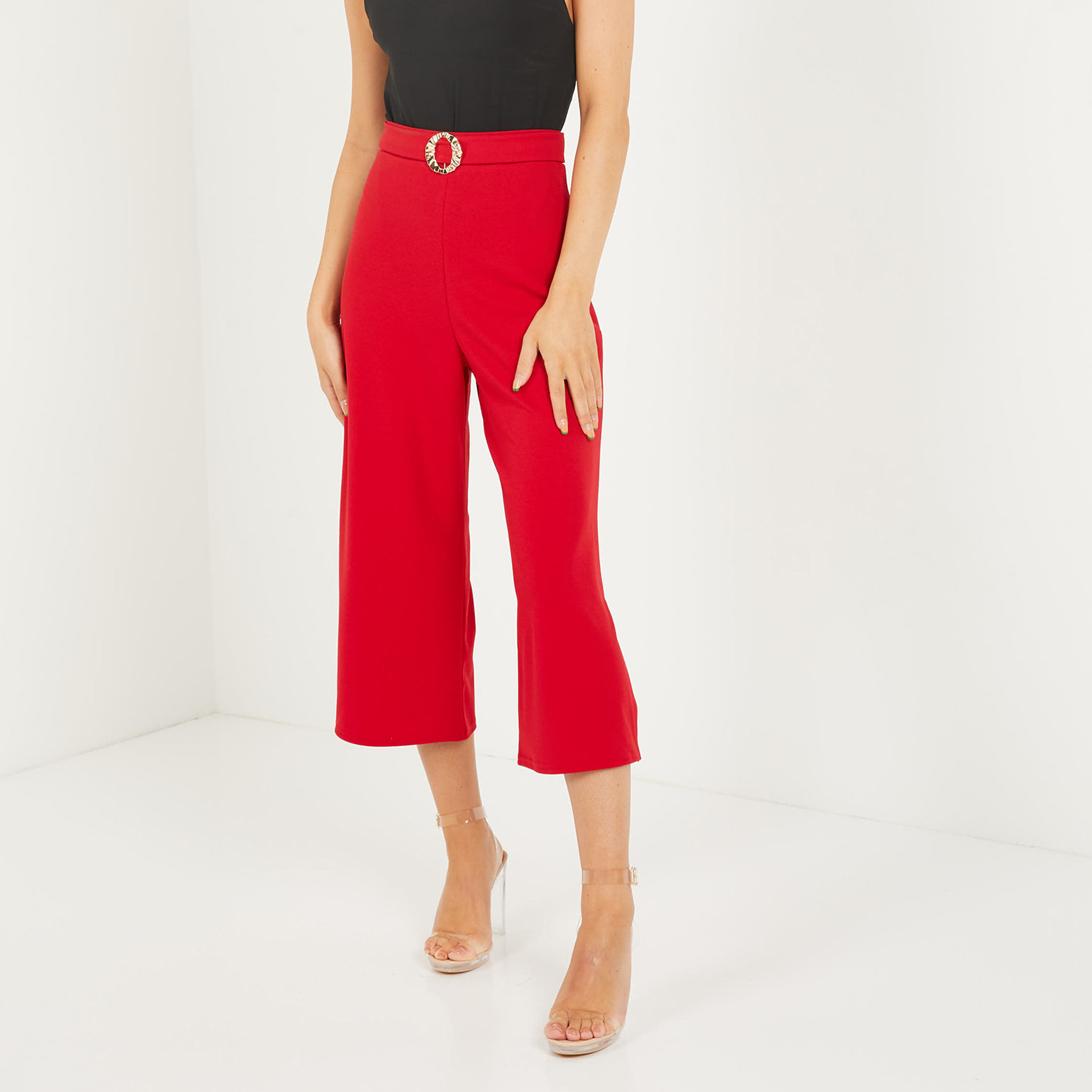  كولوتيس نسائي أحمر سادة بخصر عالٍ تنحنح شق التواء من كويز-women-clothing-bottoms-trousers-image-1