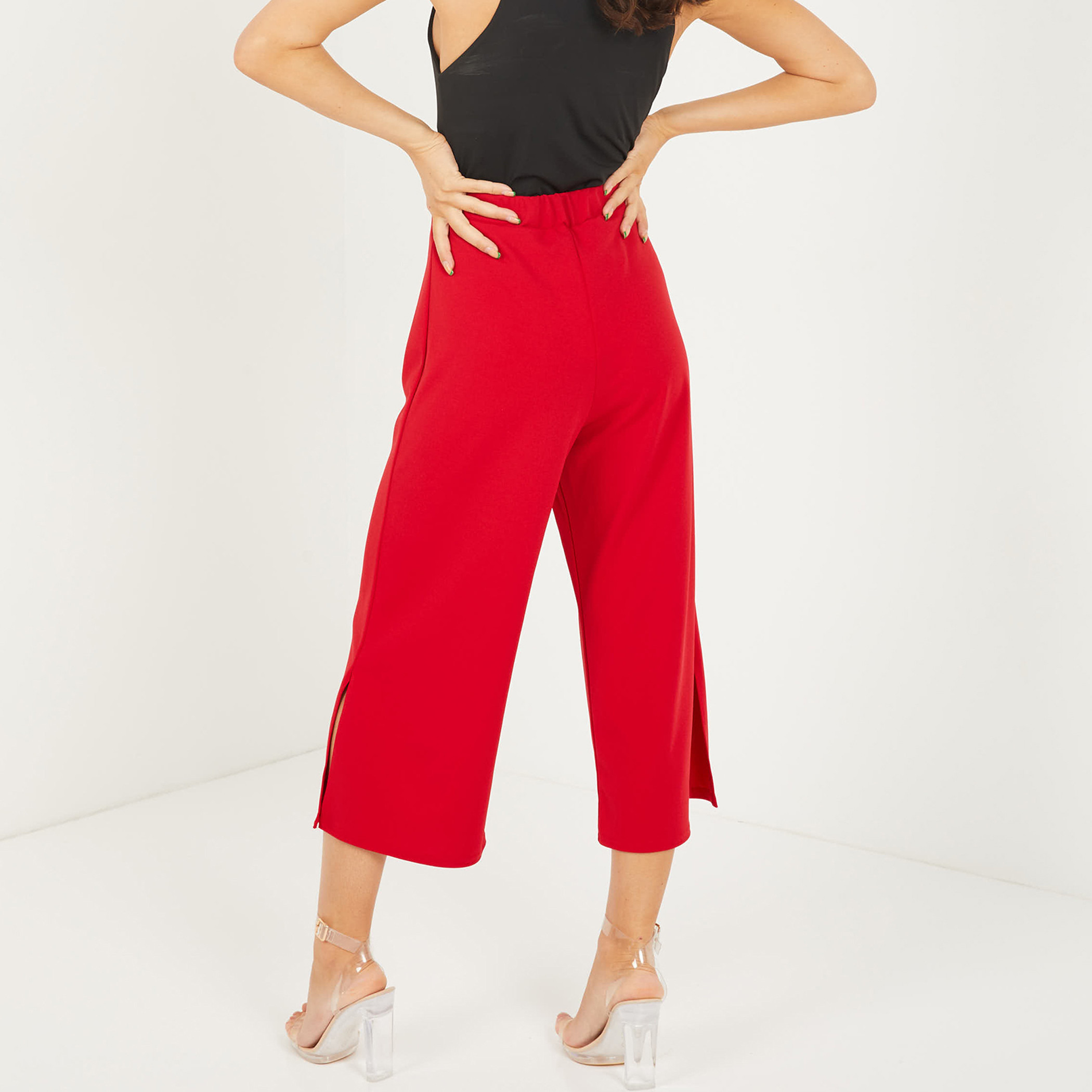 Quiz Women Red Solid High Waist Buckled Slit Hem Culottes-women-clothing-bottoms-trousers-image-2
