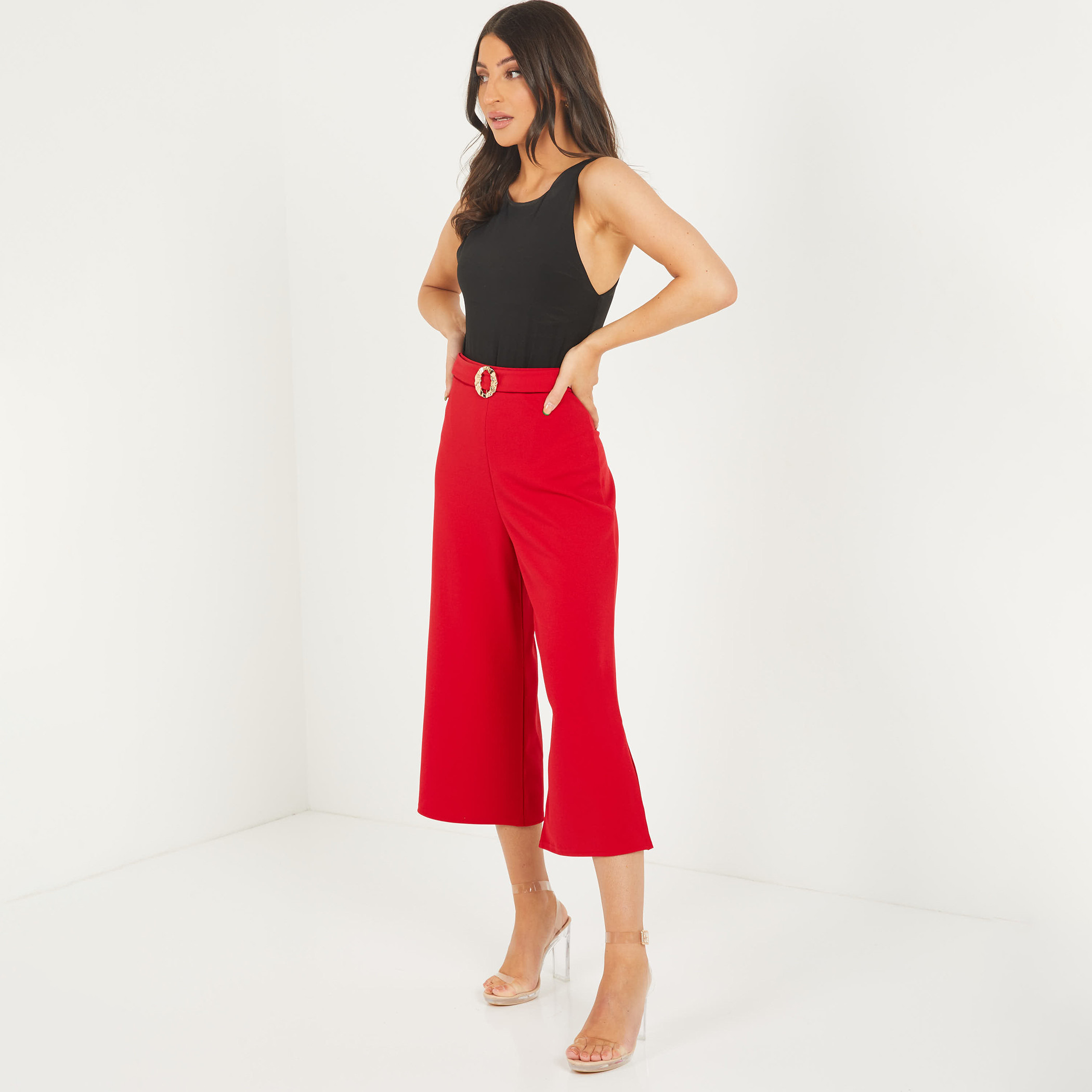  كولوتيس نسائي أحمر سادة بخصر عالٍ تنحنح شق التواء من كويز-women-clothing-bottoms-trousers-image-3