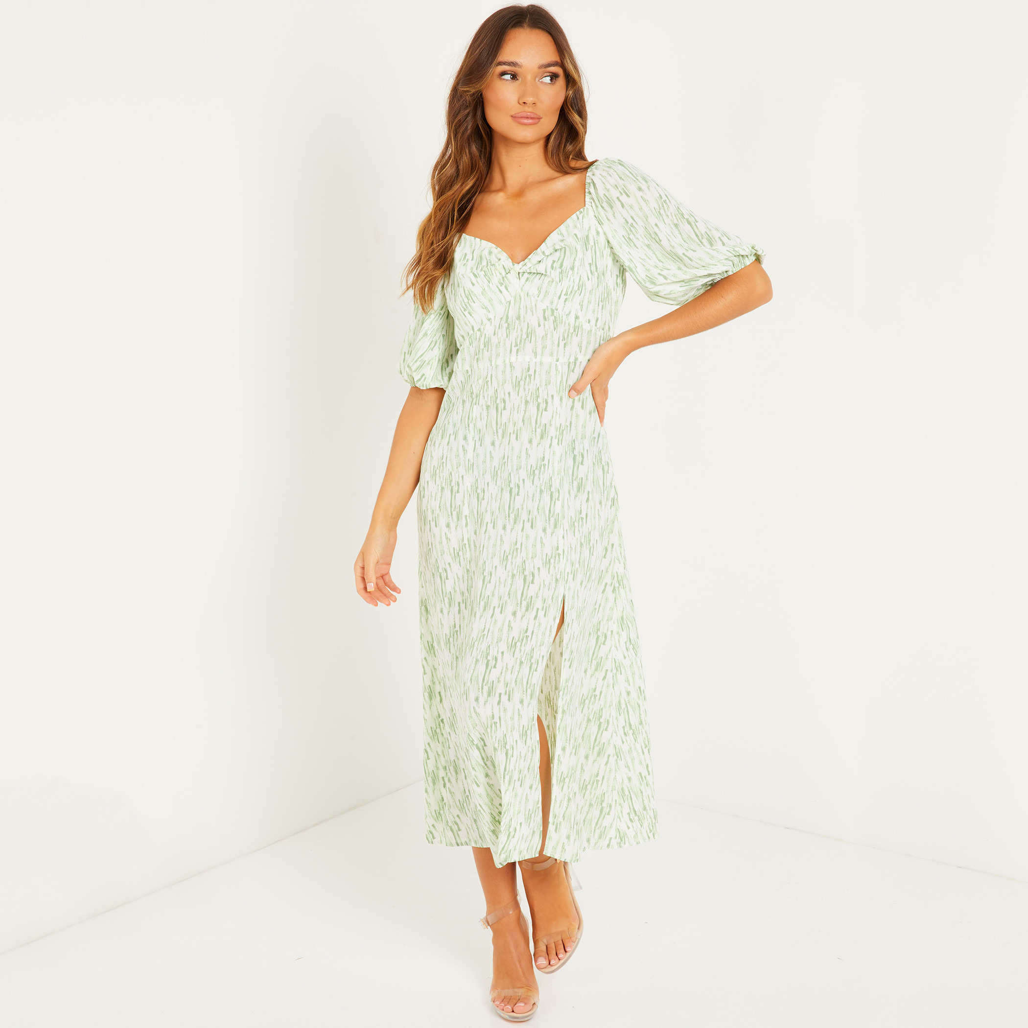 Quiz Women Printed Sweetheart Neck Front Slit Dress-women-clothing-dresses-image-1