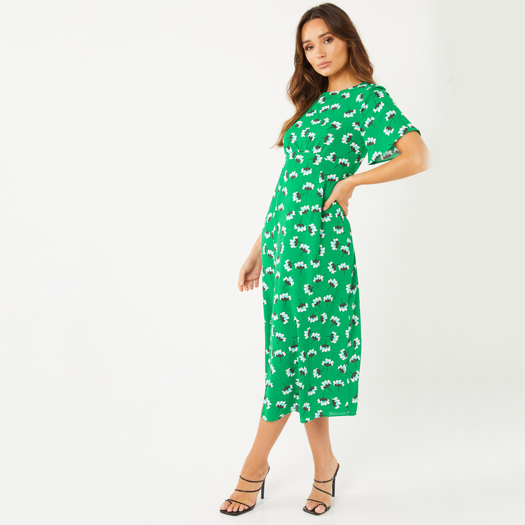 كويز - فستان بطول متوسط وياقة مستديرة وفتحة جانبية للنساء - أخضر-women-clothing-dresses-image-2
