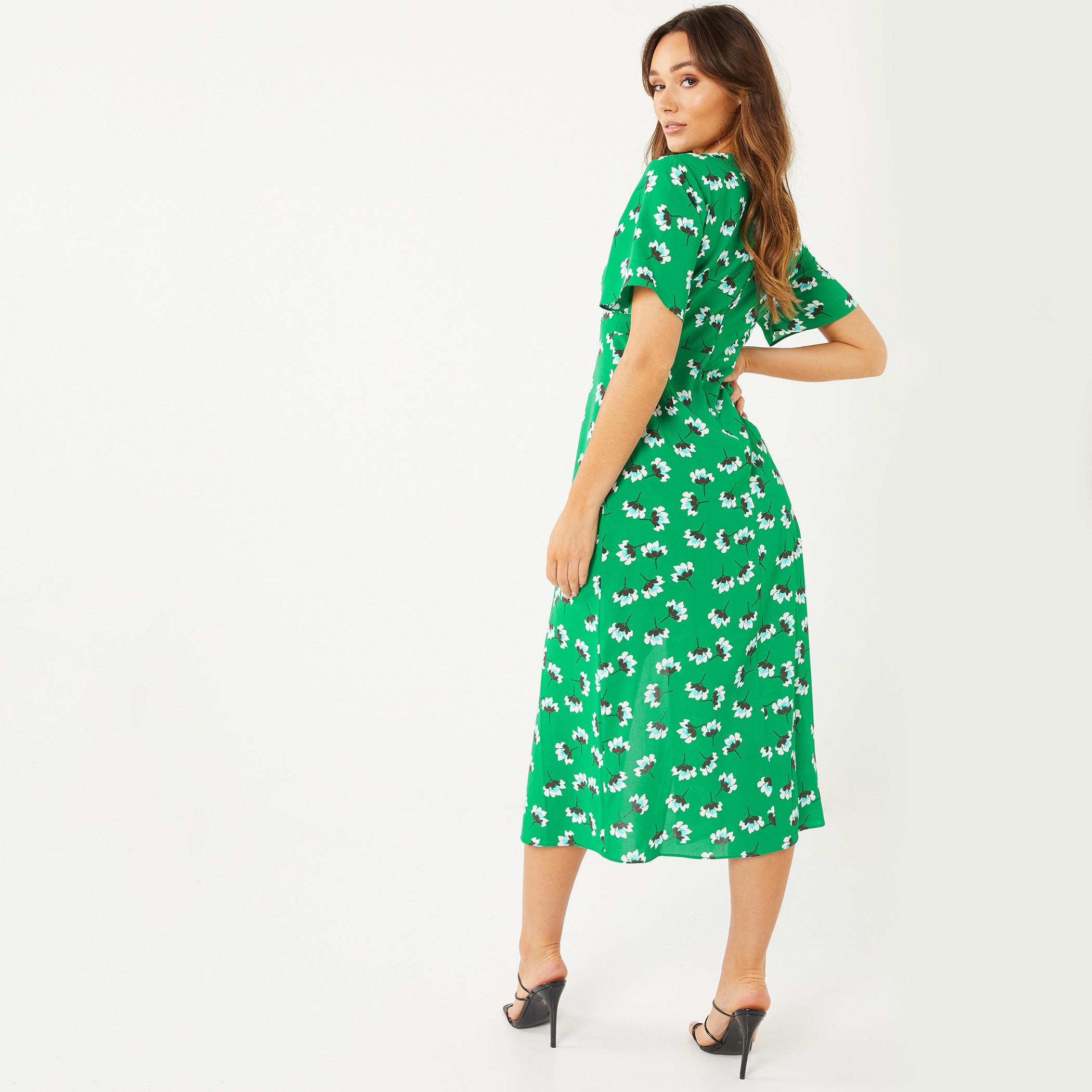 كويز - فستان بطول متوسط وياقة مستديرة وفتحة جانبية للنساء - أخضر-women-clothing-dresses-image-3