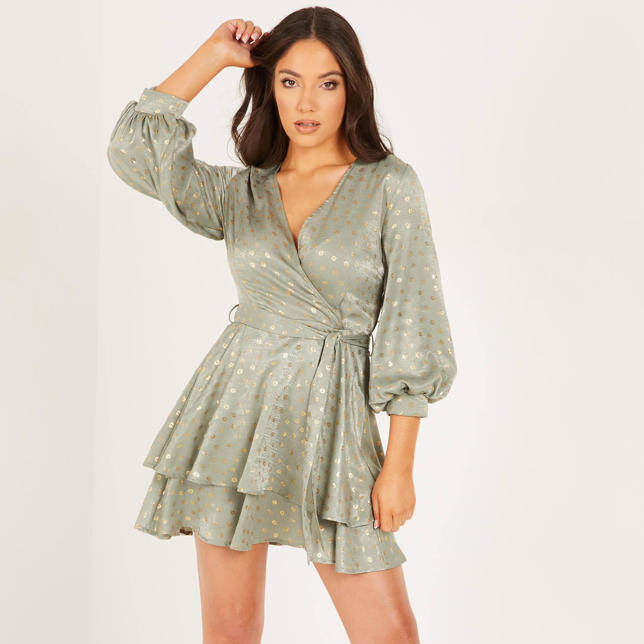 Quiz Women Green Printed V-Neck Mini Wrap Dress-women-clothing-dresses-image-1