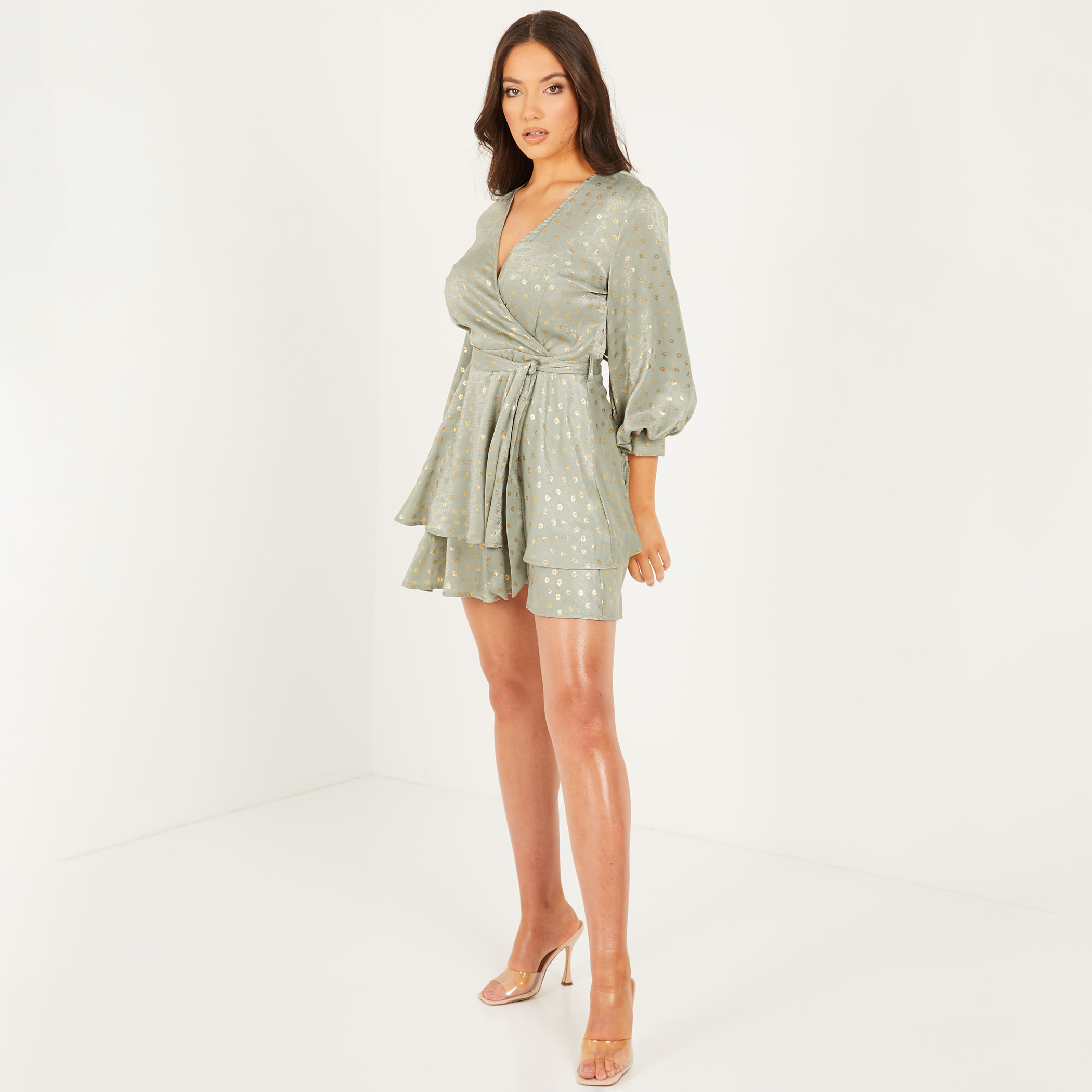 Quiz Women Green Printed V-Neck Mini Wrap Dress-women-clothing-dresses-image-3