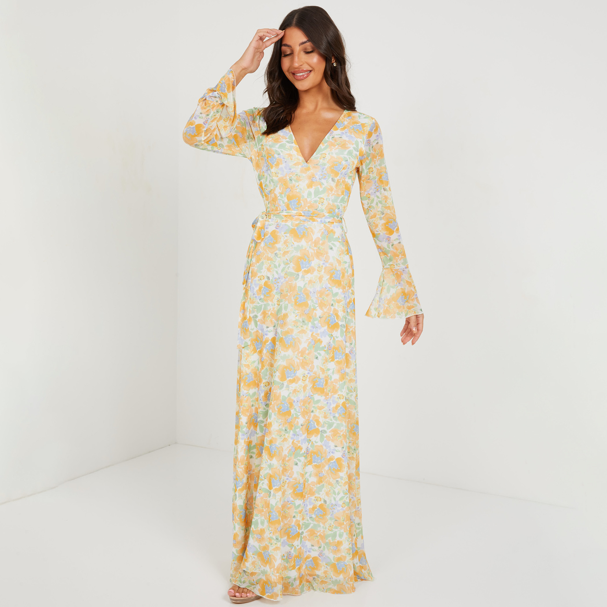 Quiz Women Yellow Floral V-Neck Maxi Dress-women-clothing-dresses-image-1