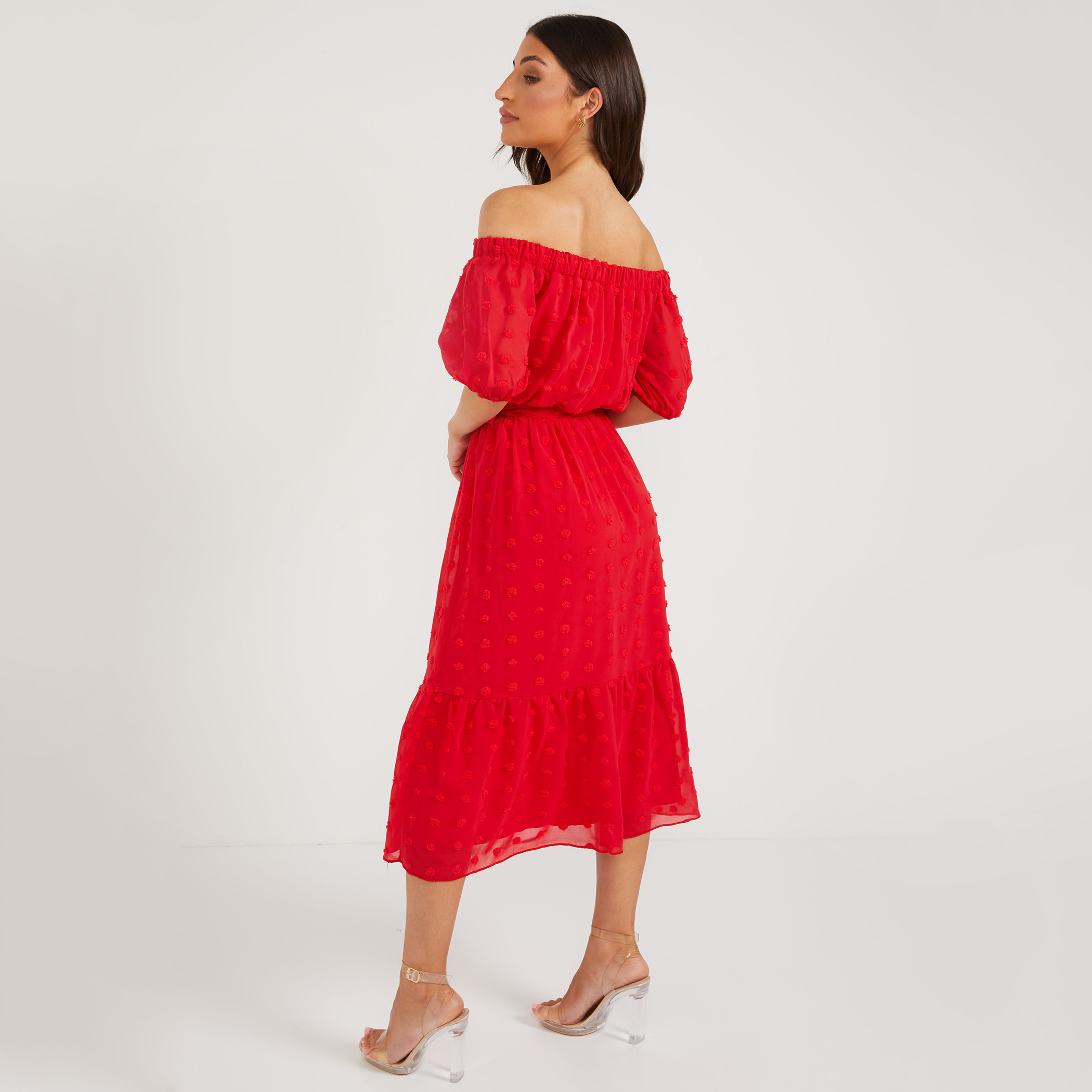 Quiz Women Dobby Spot Tie Waist Off Shoulder Dress-women-clothing-dresses-image-2