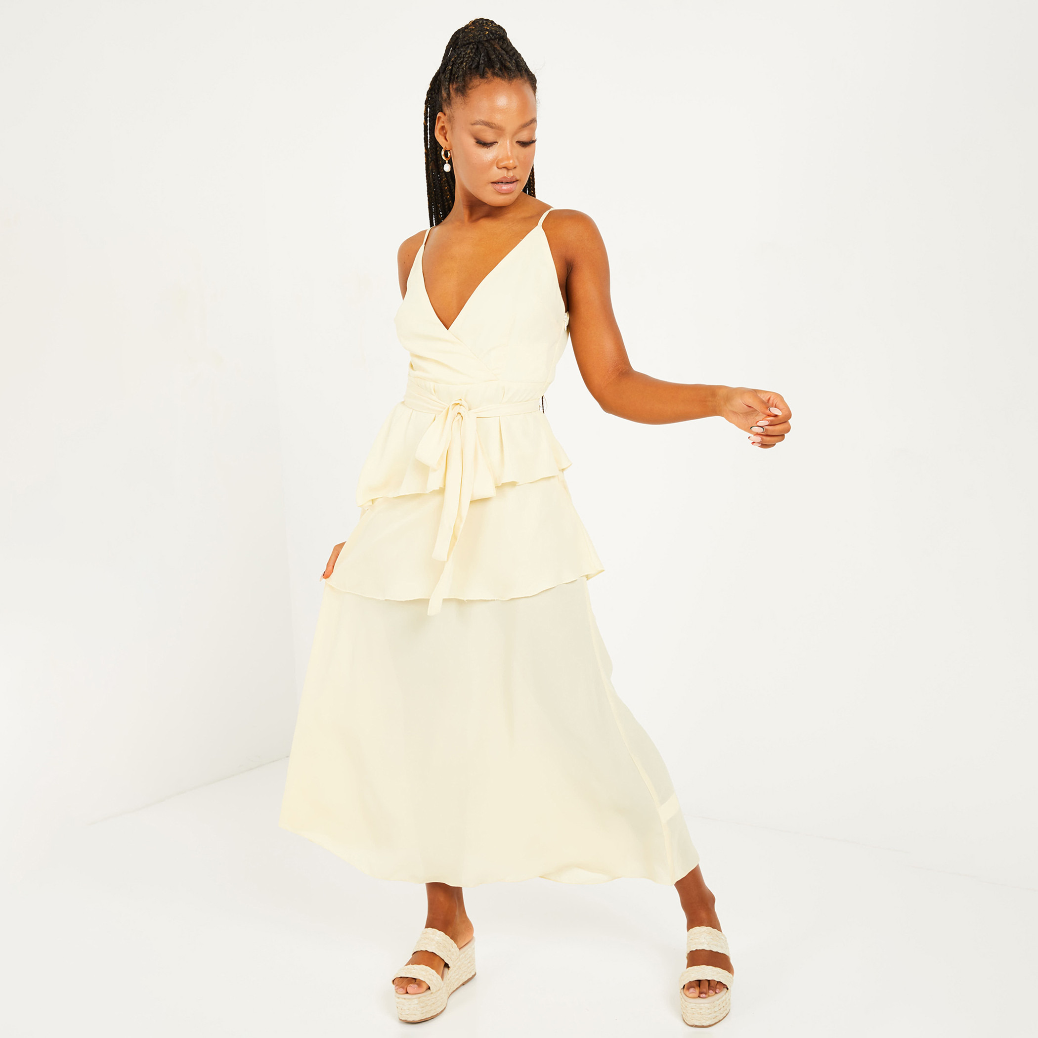 Quiz Women Yellow Solid Shoulder Strap Maxi Wrap Dress-women-clothing-dresses-image-1