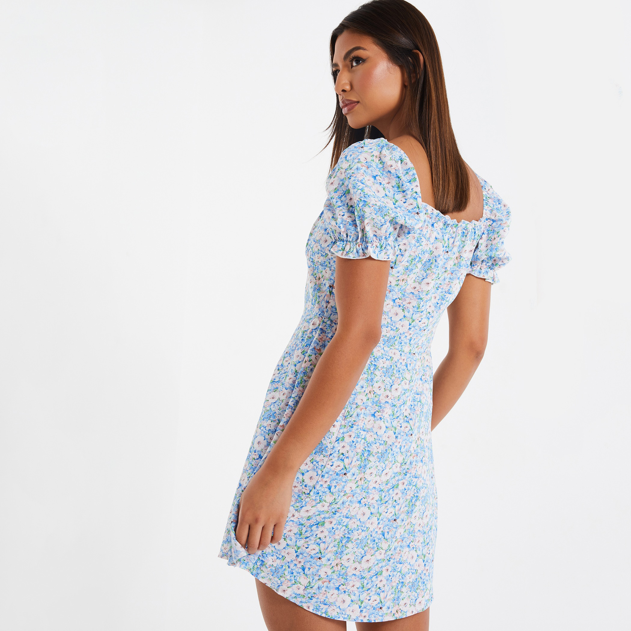 Quiz Women Light Blue Floral Puff Sleeves Mini Skater Dress-women-clothing-dresses-image-2