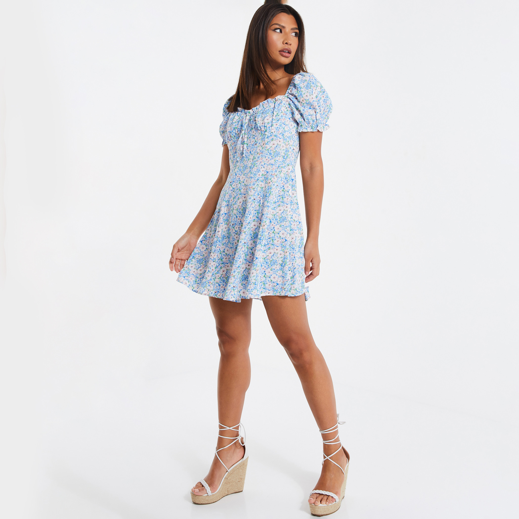 Quiz Women Light Blue Floral Puff Sleeves Mini Skater Dress-women-clothing-dresses-image-3