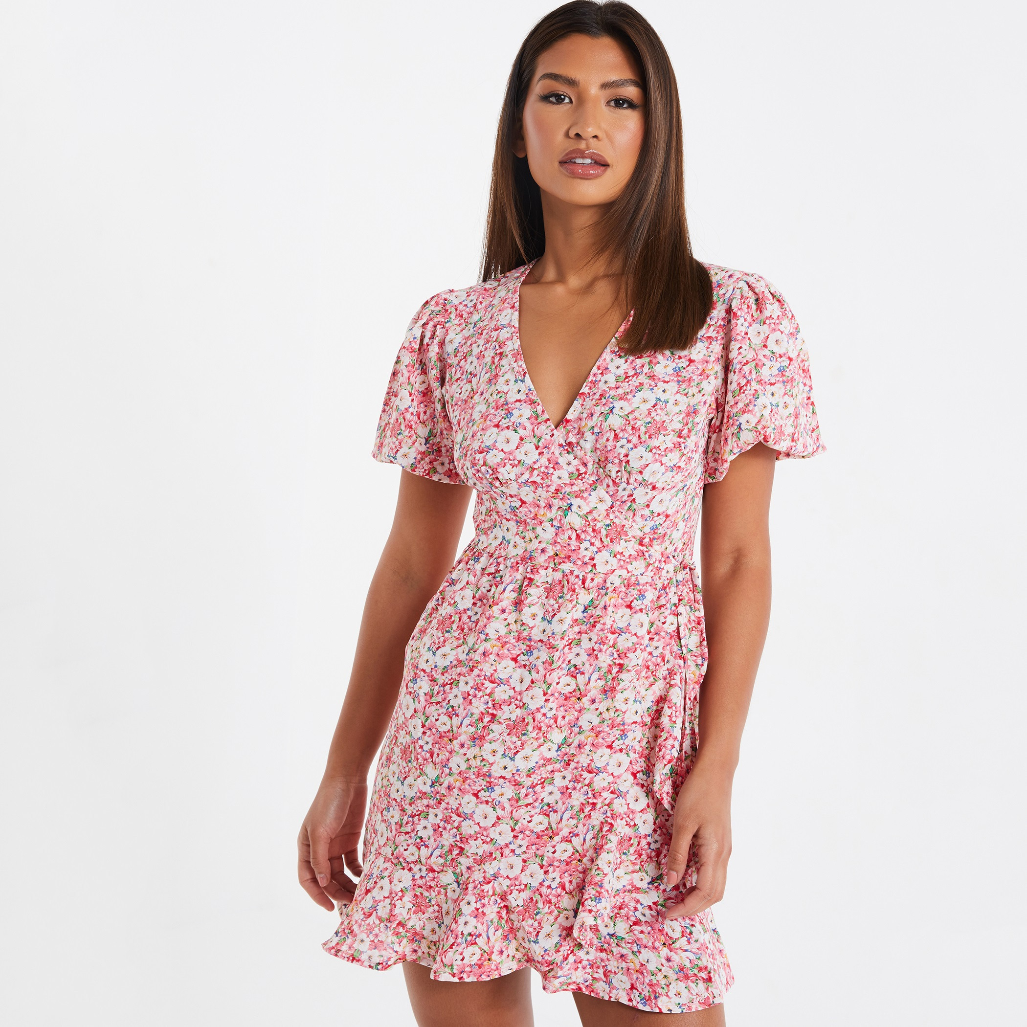 فستان قصير للنساء من كويز ملفوف برقبة على شكل في-women-clothing-dresses-image-1