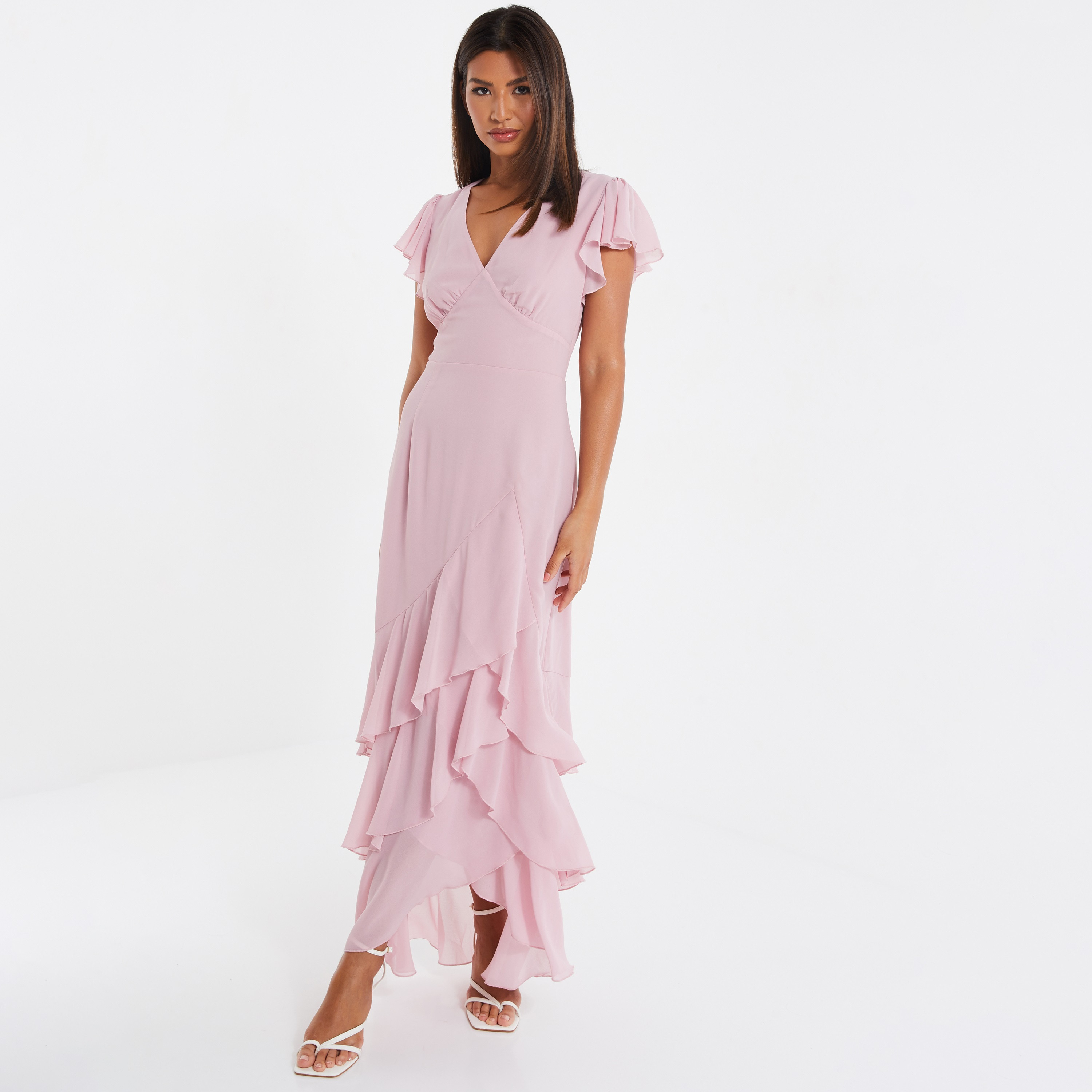 فستان ماكسي نسائي وردي سادة برقبة على شكل وى بسحاب خلفي من كويز-women-clothing-dresses-image-1