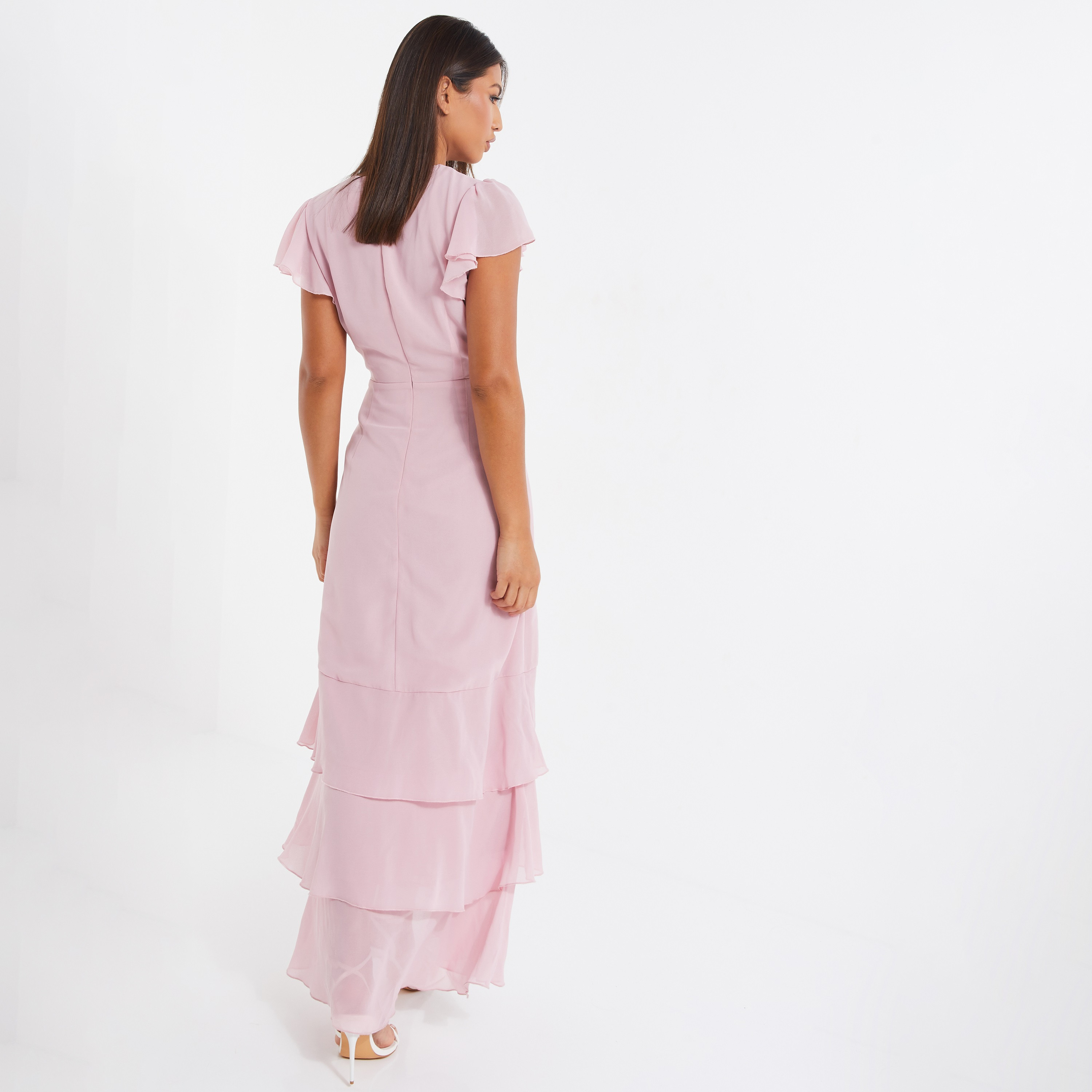 فستان ماكسي نسائي وردي سادة برقبة على شكل وى بسحاب خلفي من كويز-women-clothing-dresses-image-2
