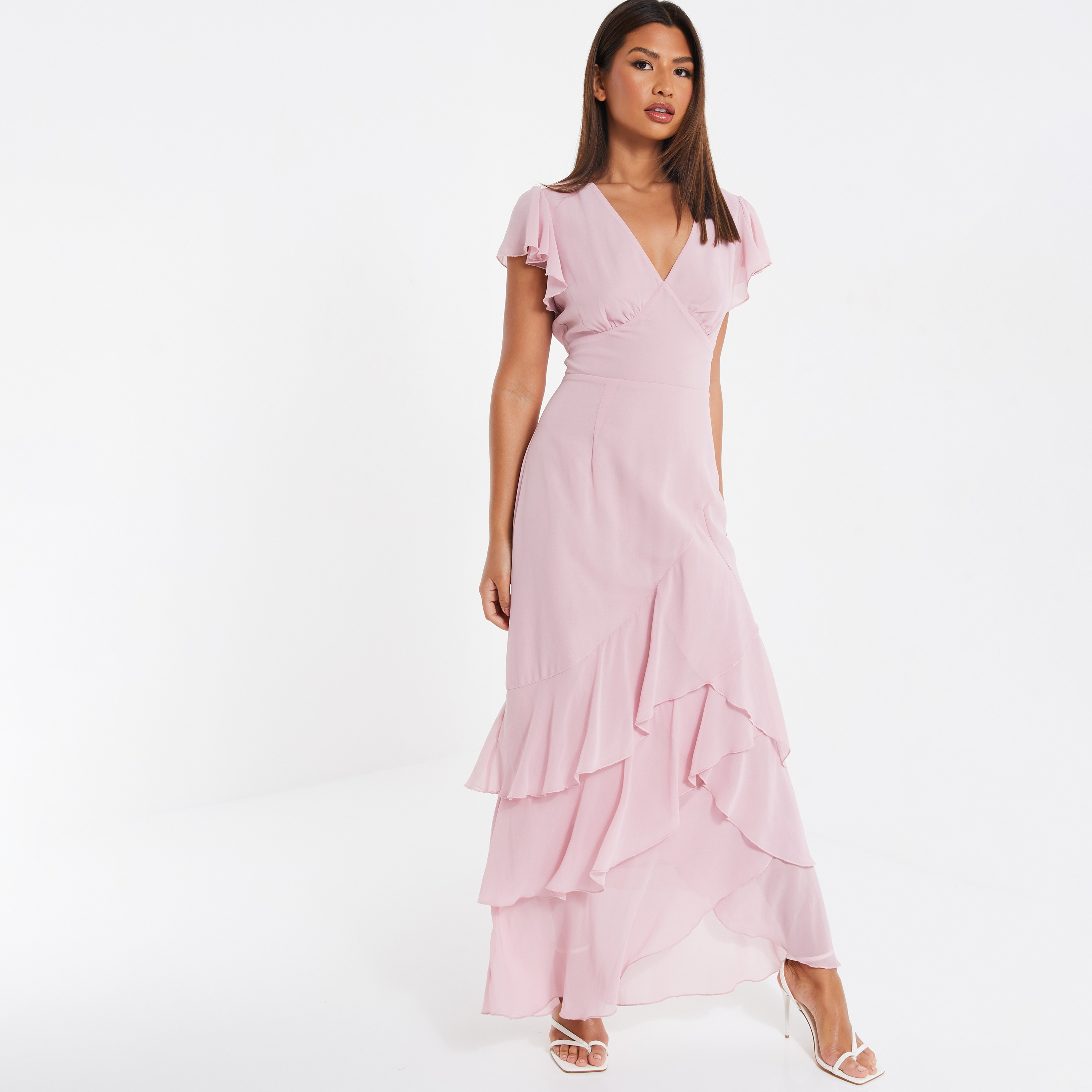 فستان ماكسي نسائي وردي سادة برقبة على شكل وى بسحاب خلفي من كويز-women-clothing-dresses-image-3