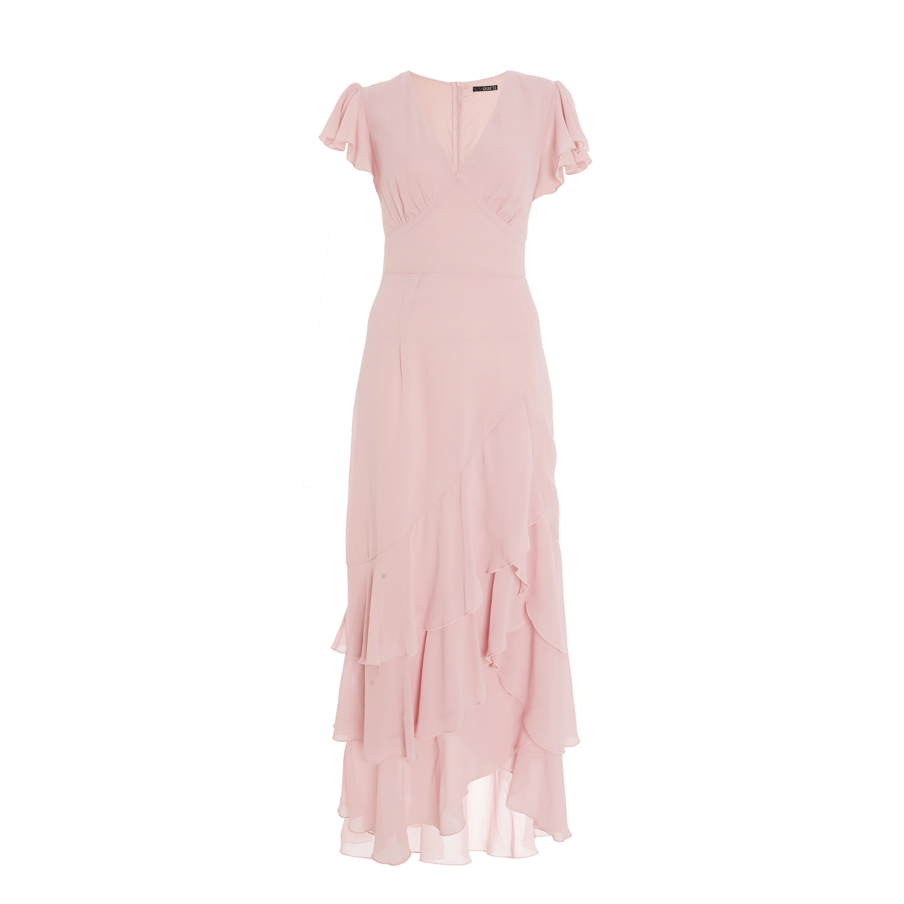 فستان ماكسي نسائي وردي سادة برقبة على شكل وى بسحاب خلفي من كويز-women-clothing-dresses-image-4